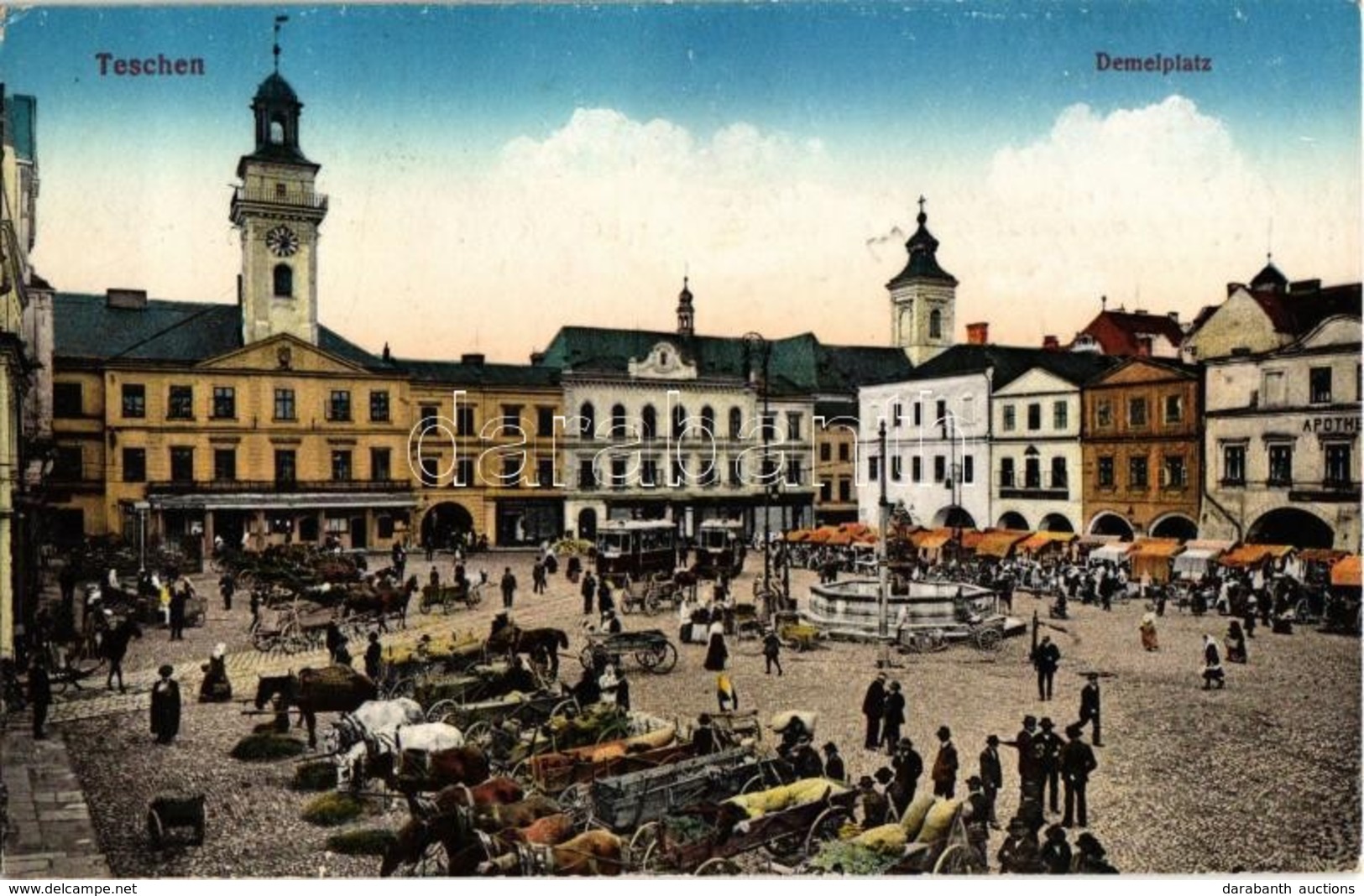 T2 1915 Cieszyn, Teschen; Demelplatz / Market Square With Vendors' Horse Carts, Trams, Pharmacy. Ed. Feitzinger No. 1146 - Ohne Zuordnung