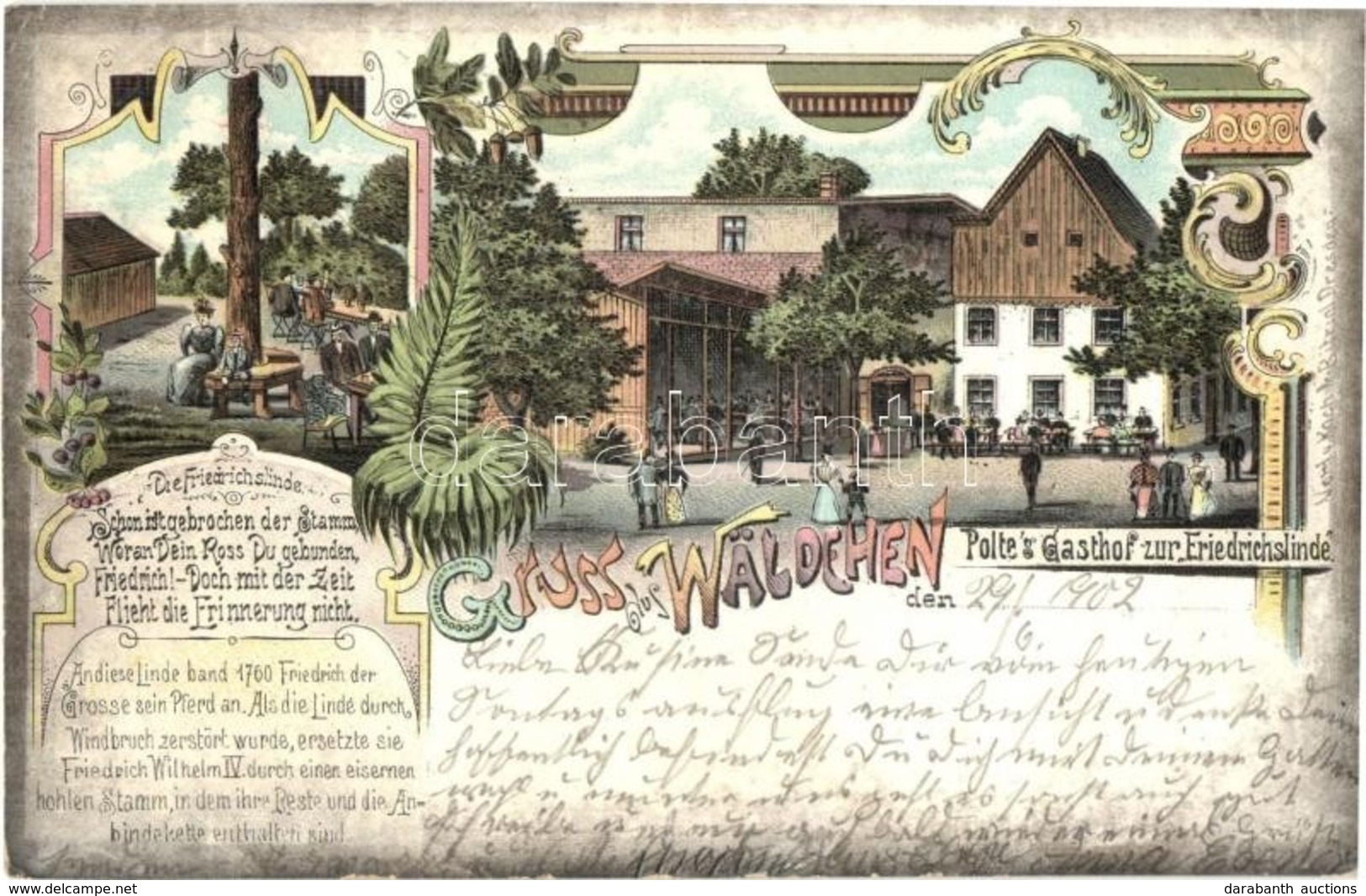 T2/T3 1902 Podlesie, Wäldchen; Polte's Gasthof Zur Friedrichslinde / Guest House, Restaurant. Art Nouveau, Floral, Litho - Unclassified