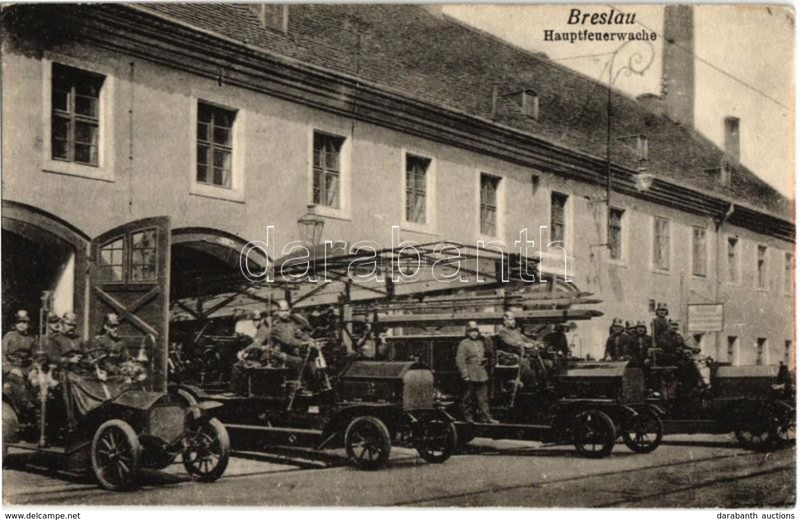 ** T1 Wroclaw, Breslau; Hauptfeuerwache. Verlag Friedrich Där / Central Fire Station, Firefighters With Fire Trucks - Ohne Zuordnung