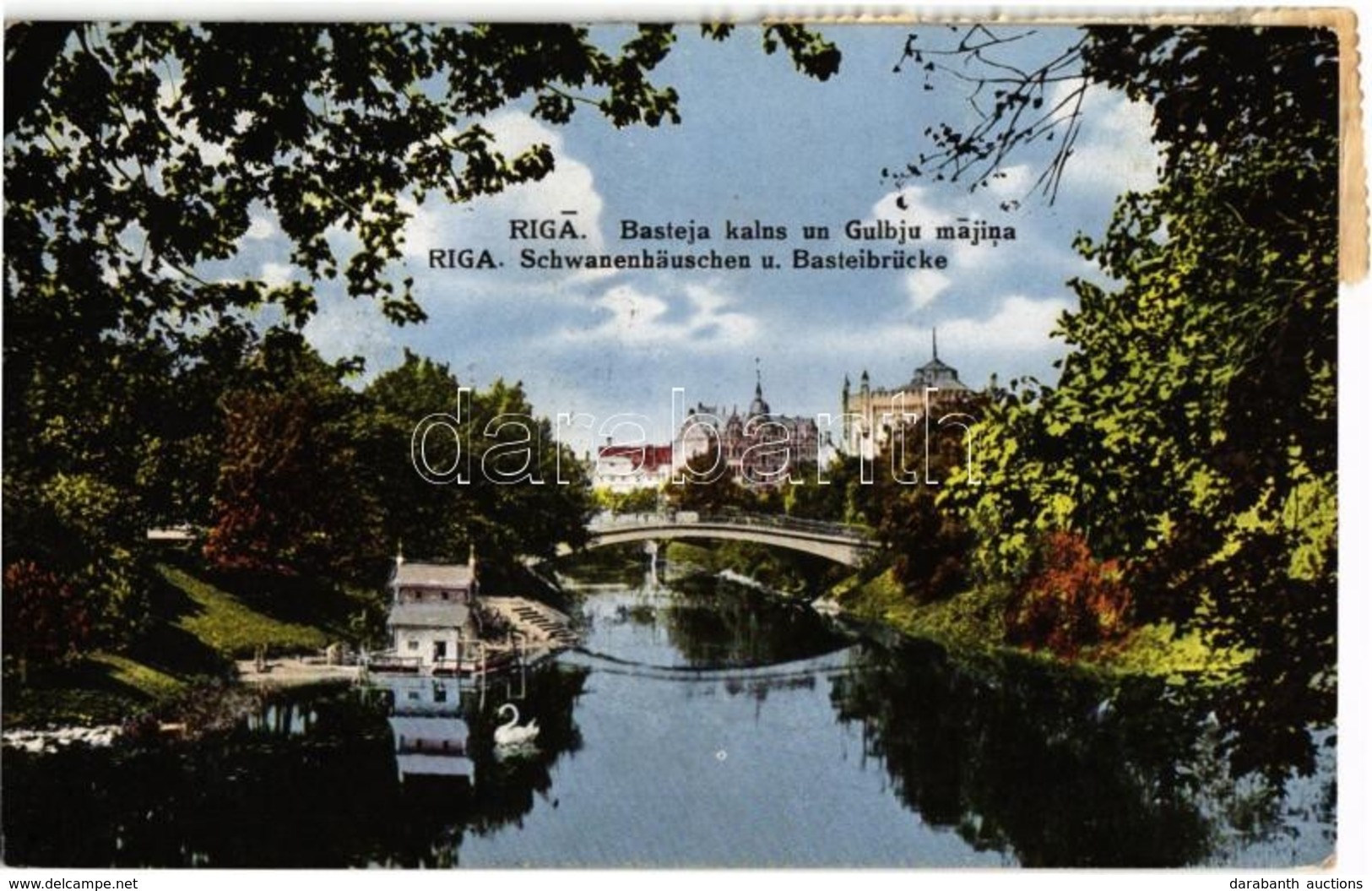 T2 1930 Riga, Basteja Kalns Un Gulbju Majina / Schwanenhäuschen Und Basteibrücke / Bastion Hill And Bridge And Swan Hous - Non Classés