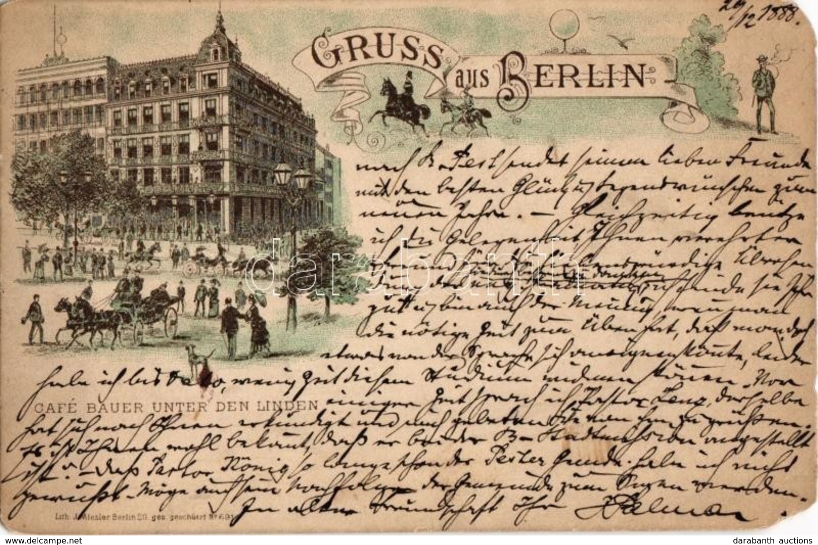 * T4 1888 (Vorläufer!!!) Berlin, Cafe Bauer Unter Den Linden. J. Miesler Litho (EM) - Unclassified