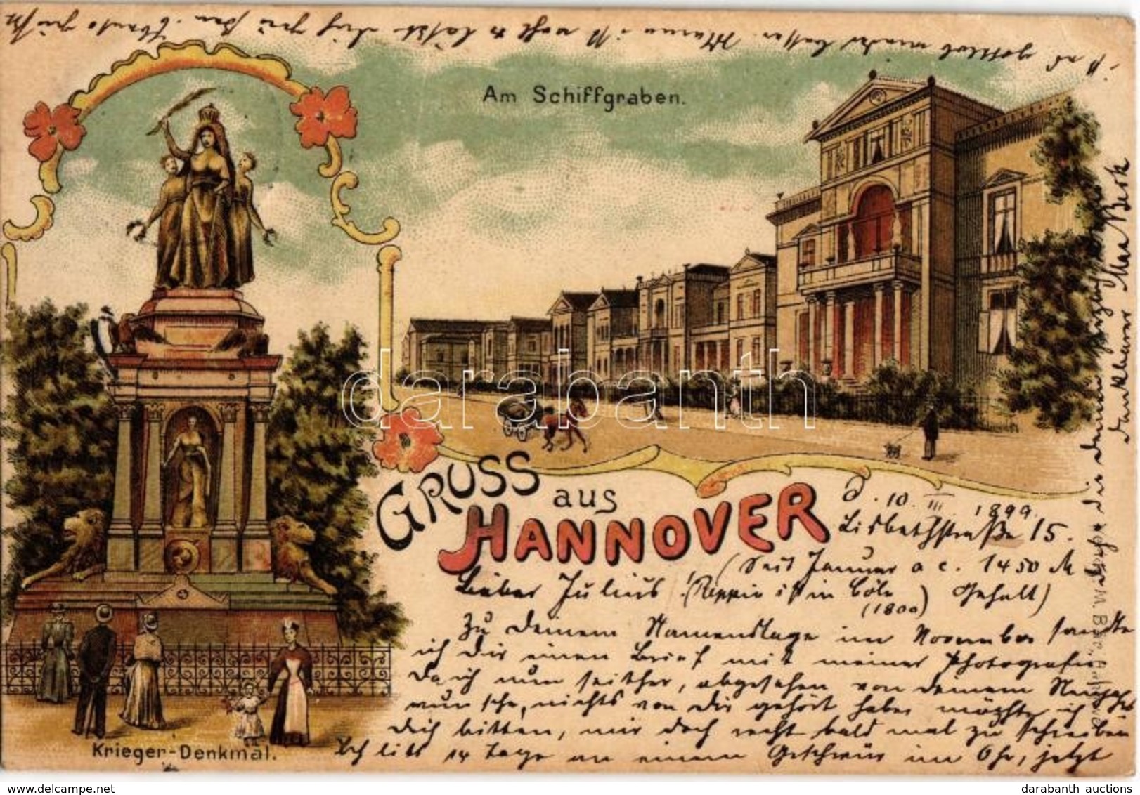 T2/T3 1899 Hanover, Hannover; Am Schiffgraben, Krieger Denkmal / Street, Military Monument. M. Bär Art Nouveau, Floral,  - Non Classés