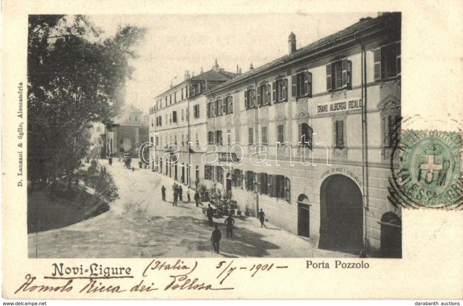 T2 1901 Novi Ligure, Porta Pozzolo, Grand Albergo Reale, Vetture Da Nolo E Stallaccio /  Street View With Hotel And Shop - Ohne Zuordnung