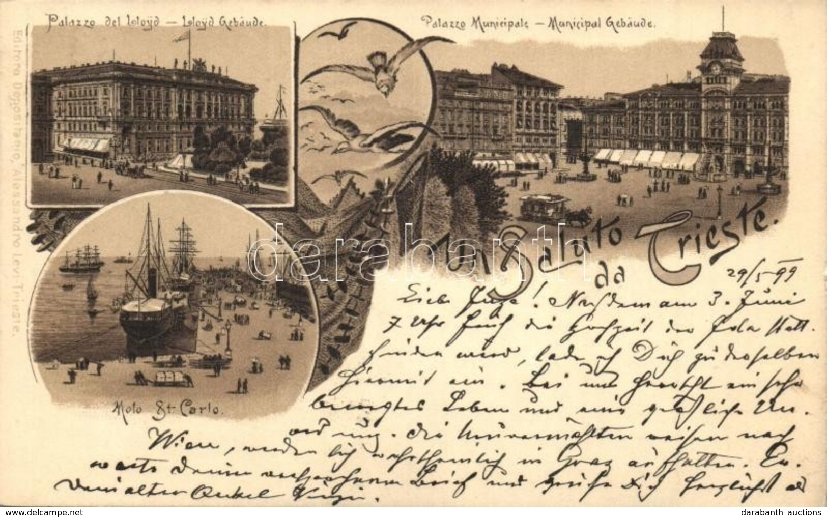T2 1899 Trieste, Palazzo Del Lloyd, Palazzo Municipale, Molo St. Carlo / Palace, Town Hall, Molo. Alessandro Levi Art No - Non Classés
