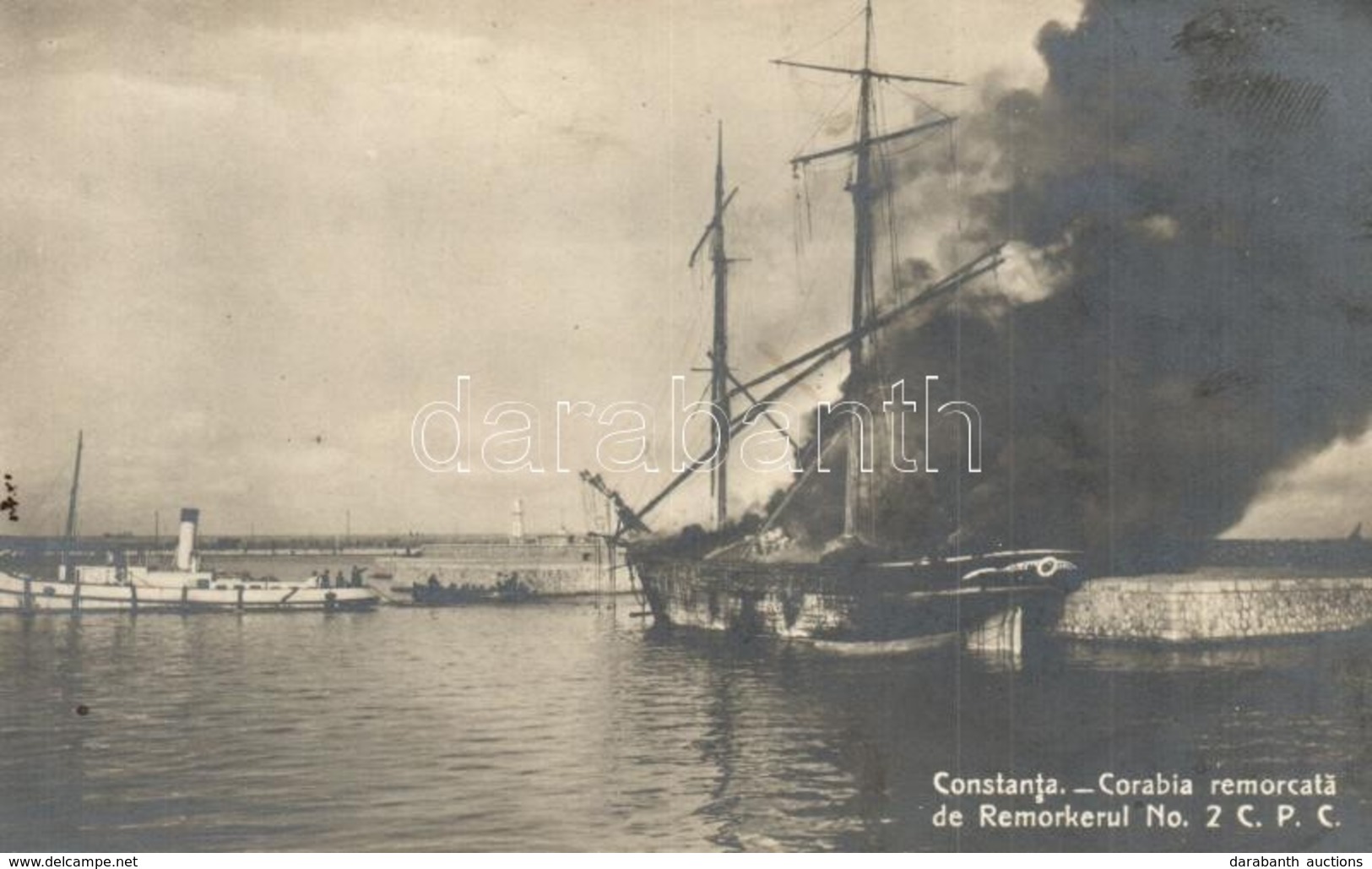 ** T1 Constanta, Corabia Remorcata De Remorkerul No. 2. C.P.C. / Ship Caught On Fire Being Towed By A Tugboat - Ohne Zuordnung