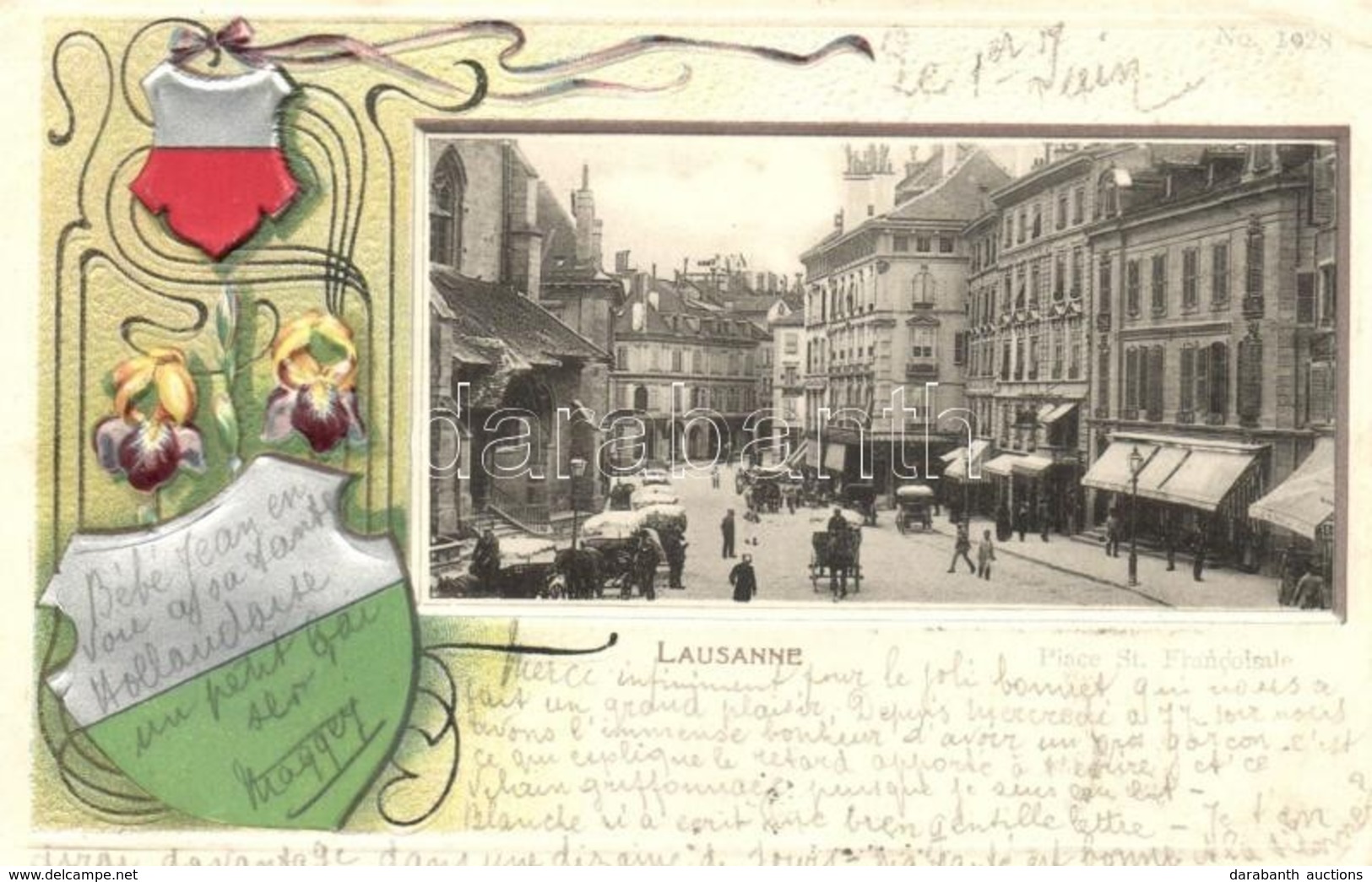 T2/T3 Lausanne, Street View. Coat Of Arms, Art Nouveau, Floral, Emb. Litho  (EK) - Unclassified