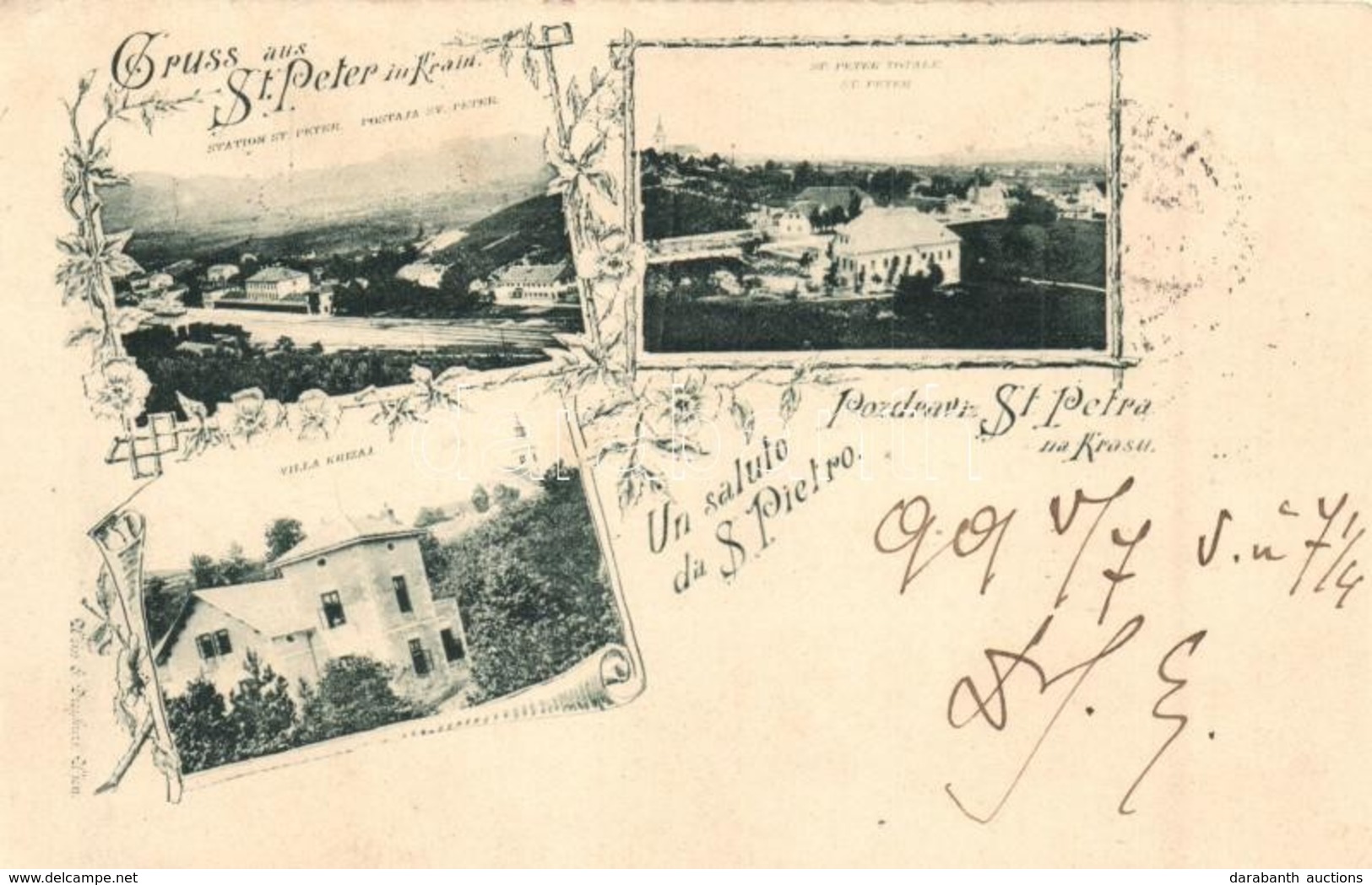 * T2/T3 1899 Sveti Petar Na Krasu, St Peter In Krain; Railway Station, Villa Krizaj, Floral (Rb) - Unclassified
