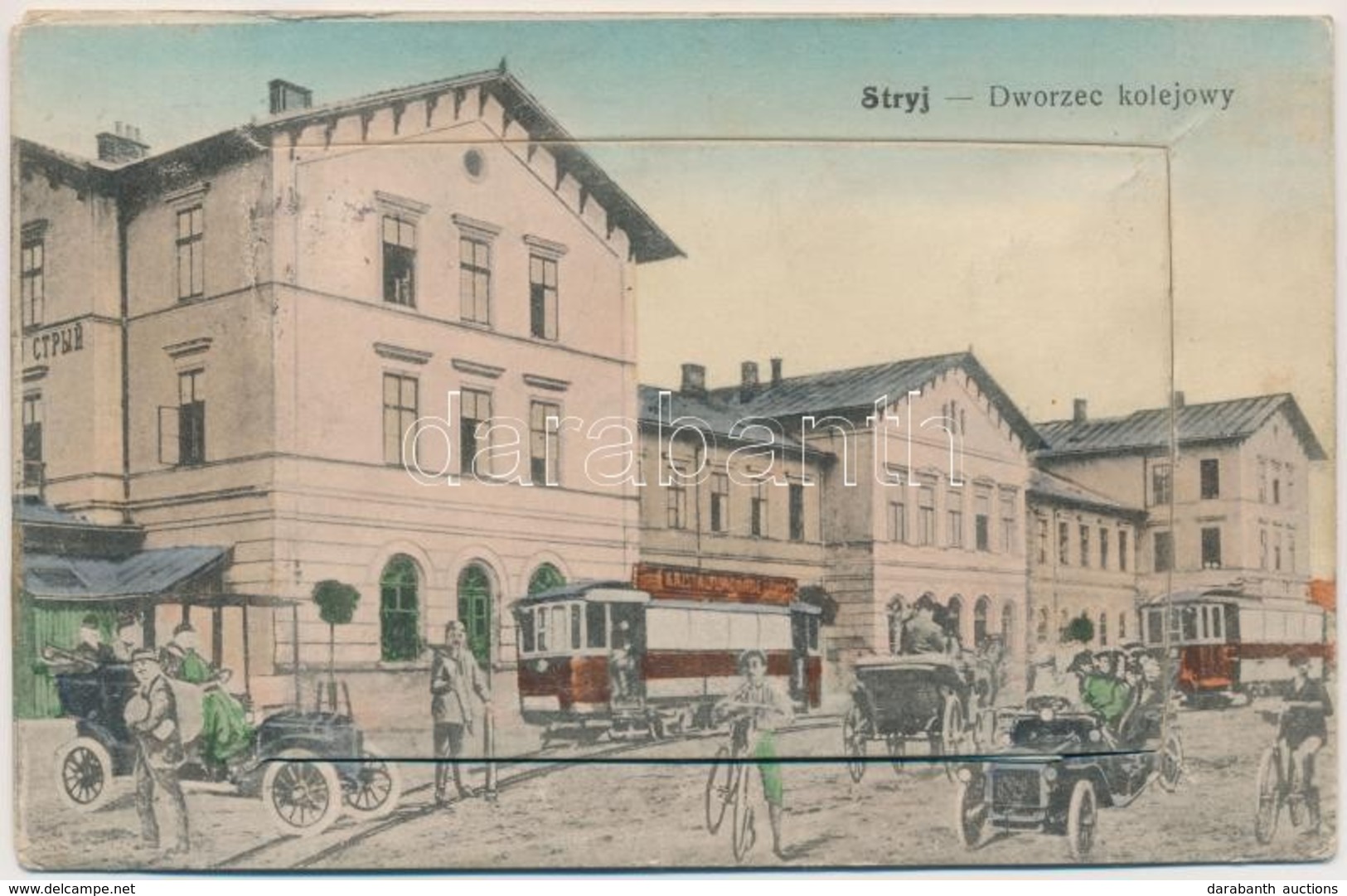 T2/T3 1917 Stryi, Stryj; Dworzec Kolejowy / Bahnhof / Railway Station, In The Future Montage. Leporellocard With Street  - Unclassified