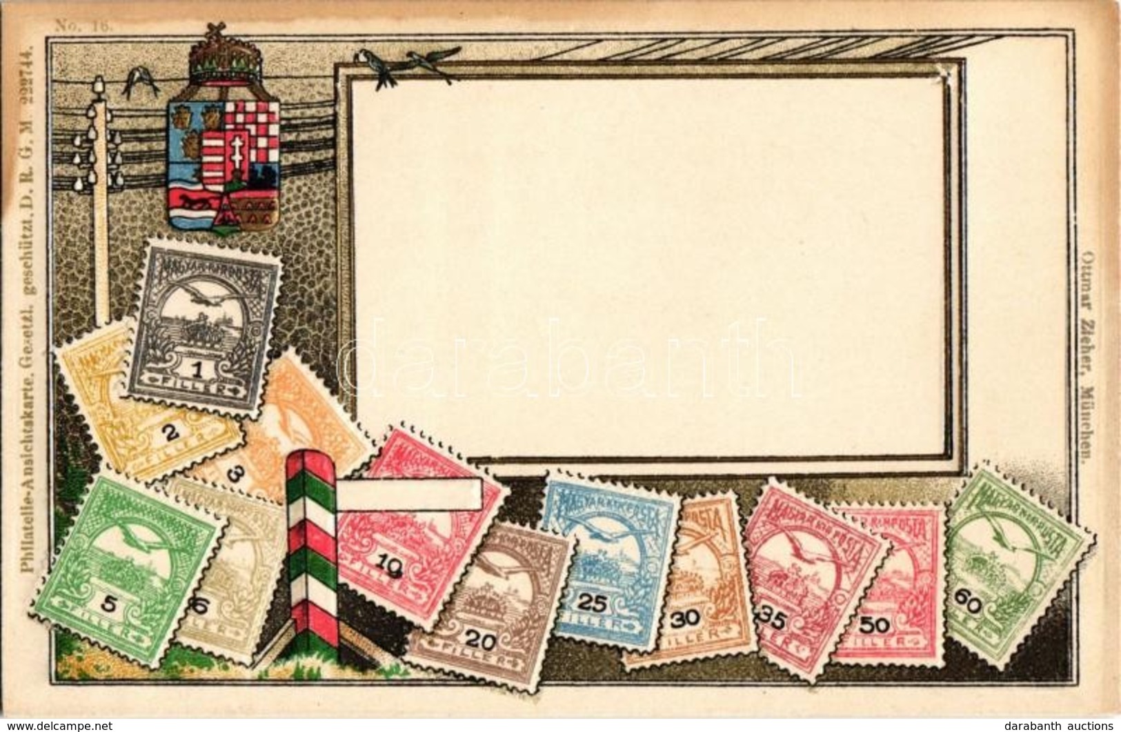 ** T1/T2 A Magyar Kir. Posta Bélyegei / Set Of Hungarian Stamps, Coat Of Arms. Ottmar Zieher's Philatelie Ansichtskarte  - Non Classés