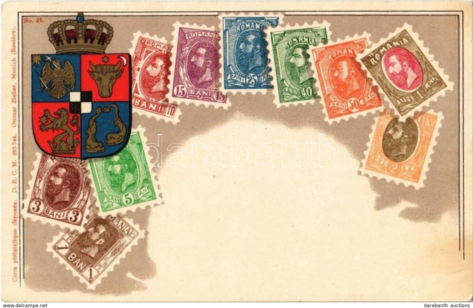 ** T2/T3 Kingdom Of Romania. Coat Of Arms And Stamps. Carte Philatélique Ottmar Zieher No. 32. Litho - Non Classés