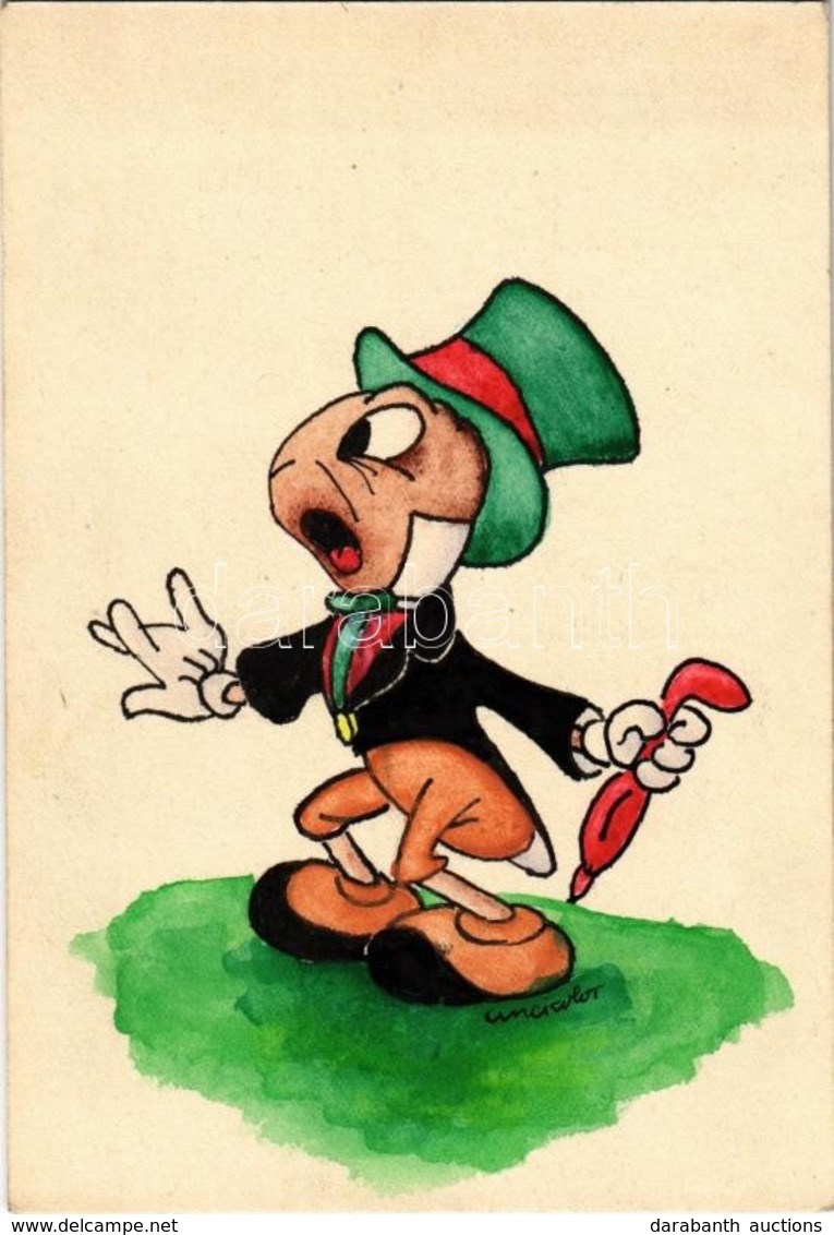 * T2 1941 Pinokkió - Tücsök Tihamér. Saját Kézzel Rajzolt Művészlap / Pinocchio - Jiminy Cricket. Hungarian Hand-drawn D - Unclassified