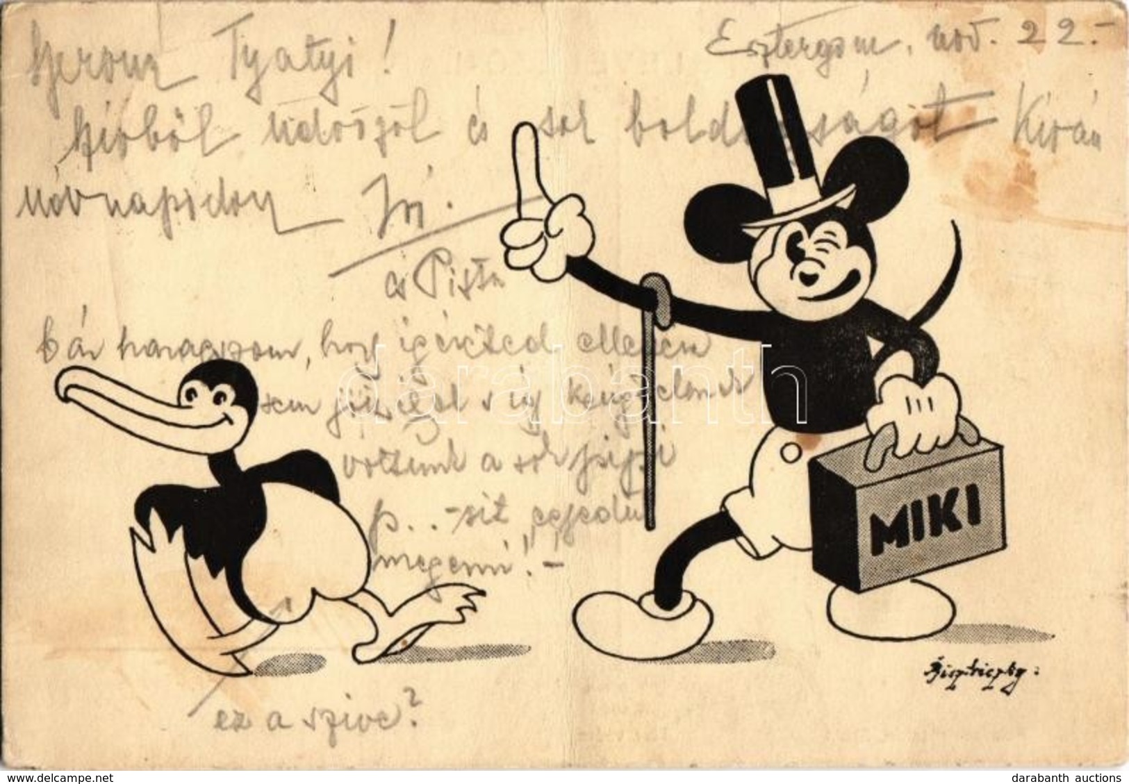 T3 Miki. Bi-Kra Miki / Mickey Mouse With Duck. Early Disney Art Postcard S: Bisztriczky (fa) - Unclassified
