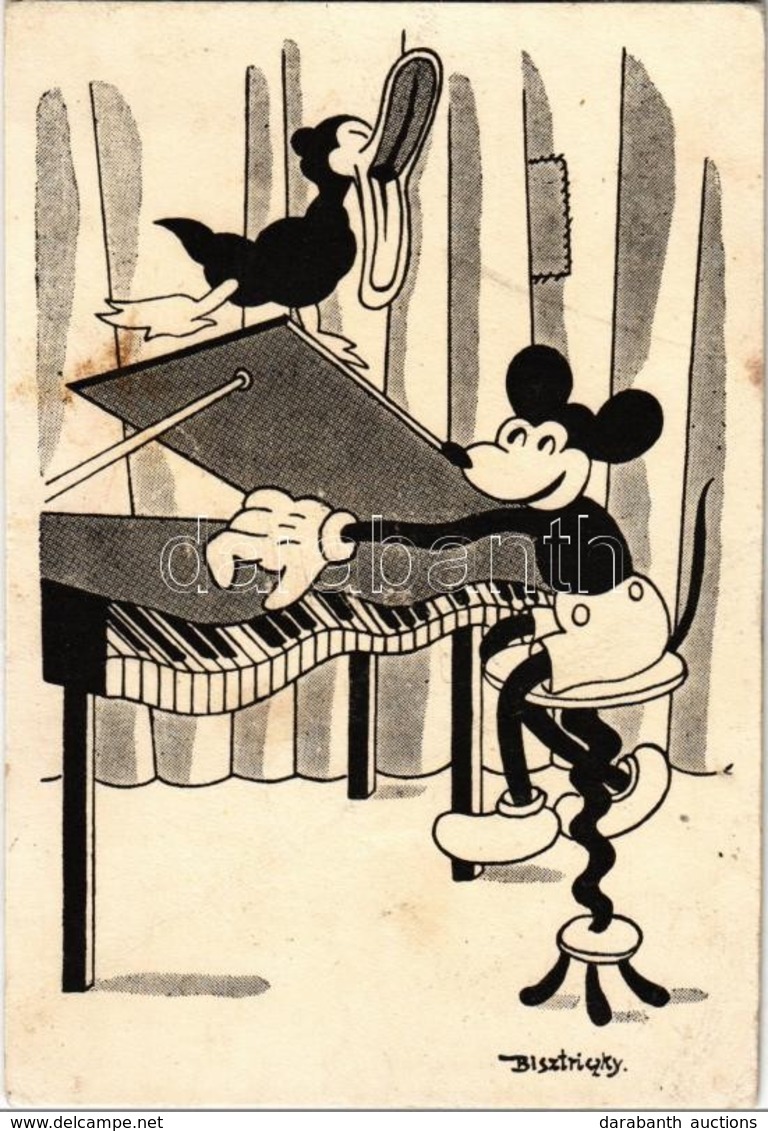 * T2/T3 Bi-Kra Miki / Mickey Mouse Playing On The Piano. Early Disney Art Postcard S: Bisztriczky (r) - Unclassified