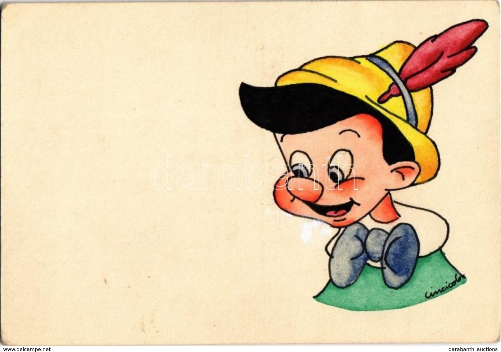* T2 1941 Pinokkió. Saját Kézzel Rajzolt Művészlap / Pinocchio. Hungarian Hand-drawn Disney Art Postcard S: Lőrinczy Lás - Non Classés