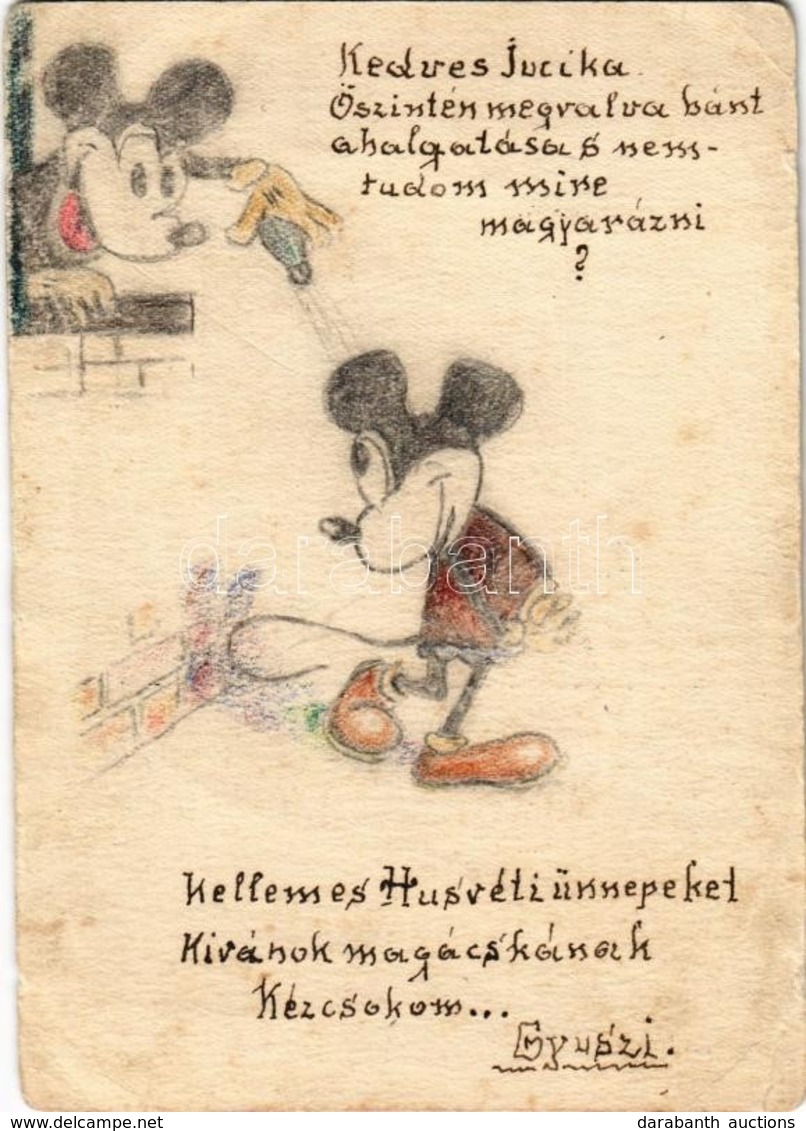 T2/T3 1931 Mickey és Minnie Mouse. Saját Kézzel Rajzolt Művészlap / Mickey And Minnie Mouse. Hungarian Hand-drawn Disney - Unclassified