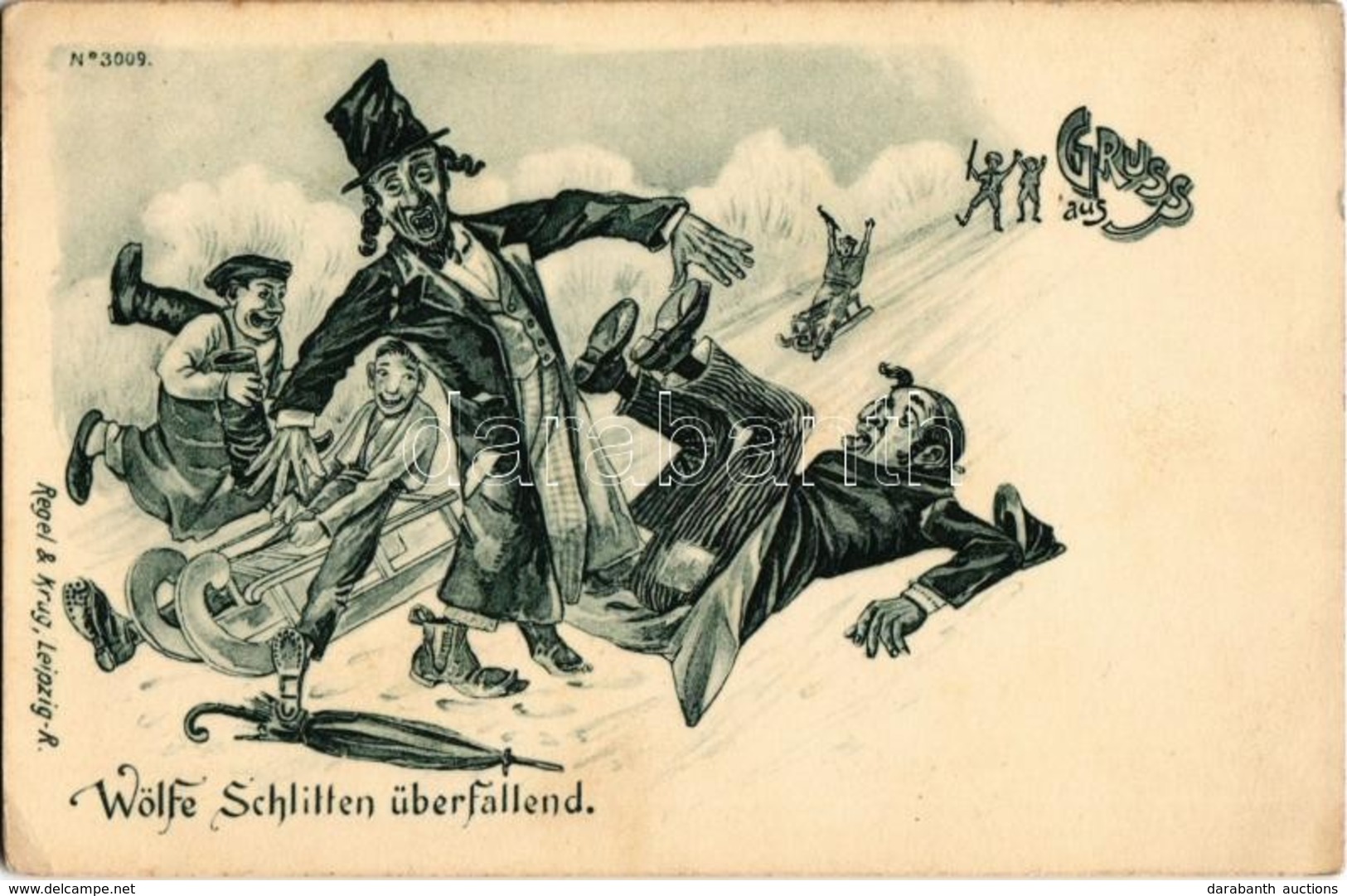 ** T2/T3 Gruss Aus Wölfe Schlitten überfallend. Regel & Krug Leipzig No. 3009. / Wolves Attacked By Sleighs In Winter. J - Non Classés