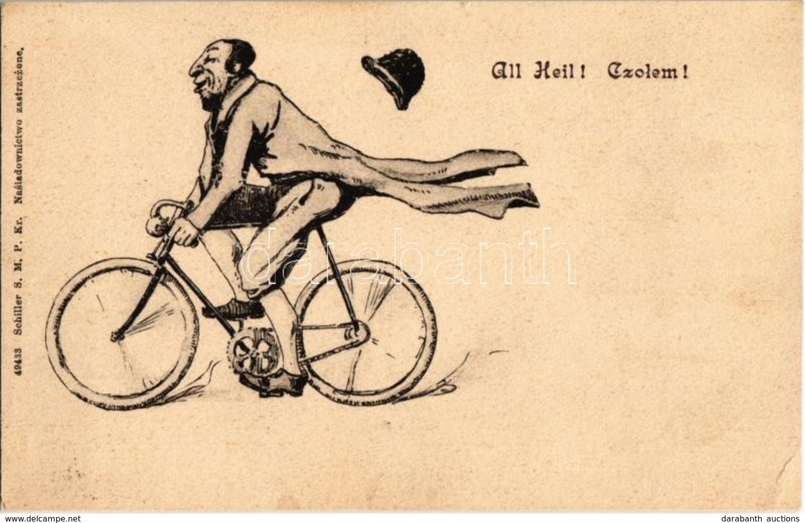 T2/T3 All Heil! Czolem! Schiller S.M. P. Kr. / Polish Jewish Man On Bicycle. Judaica Art Postcard (EK) - Non Classés