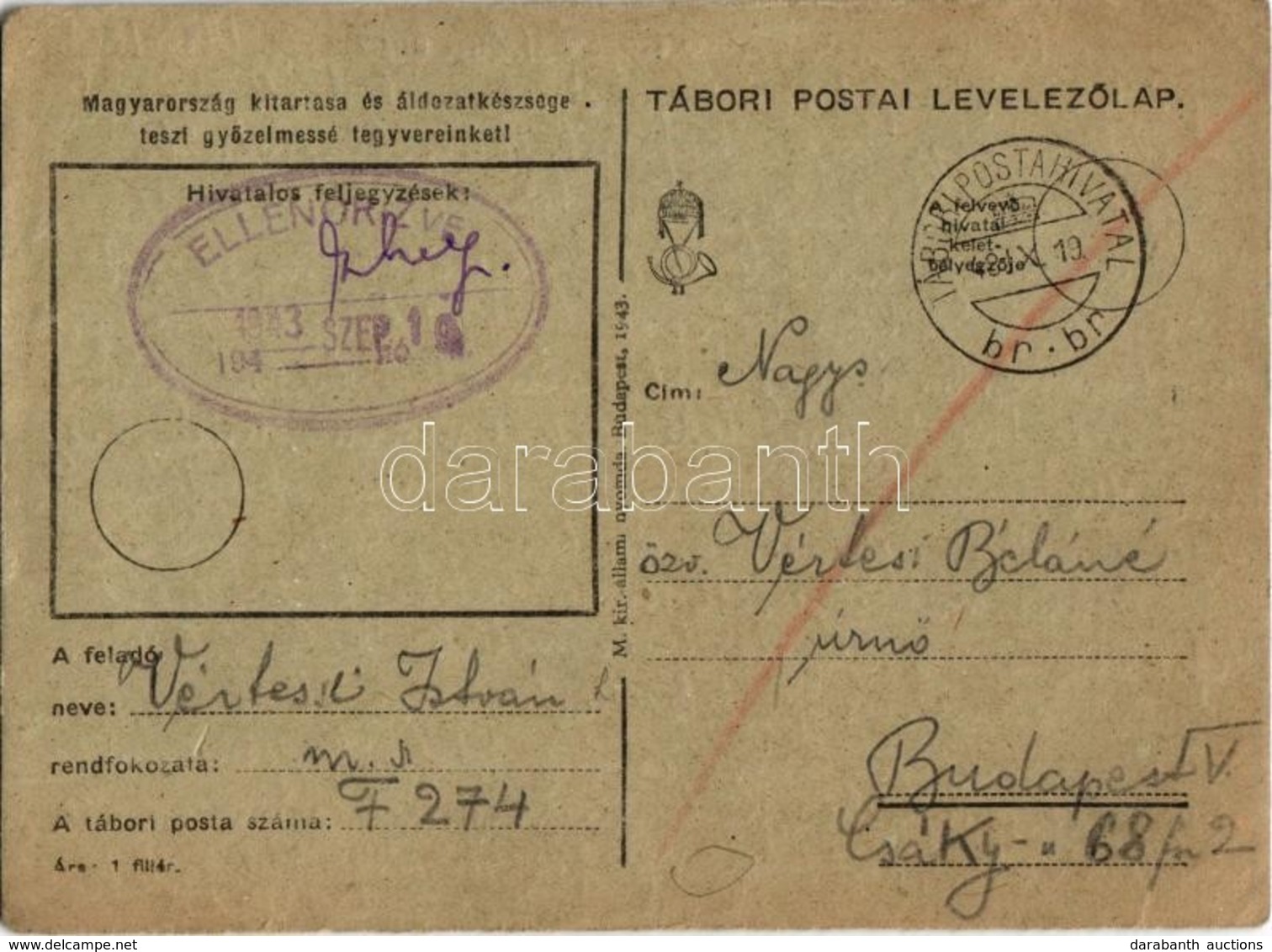 T2/T3 1943 Vértesi István Zsidó KMSZ (kisegítő Munkaszolgálatos) Levele édesanyjának özv. Vértesi Béláné úrnőnek. M. Sz. - Unclassified