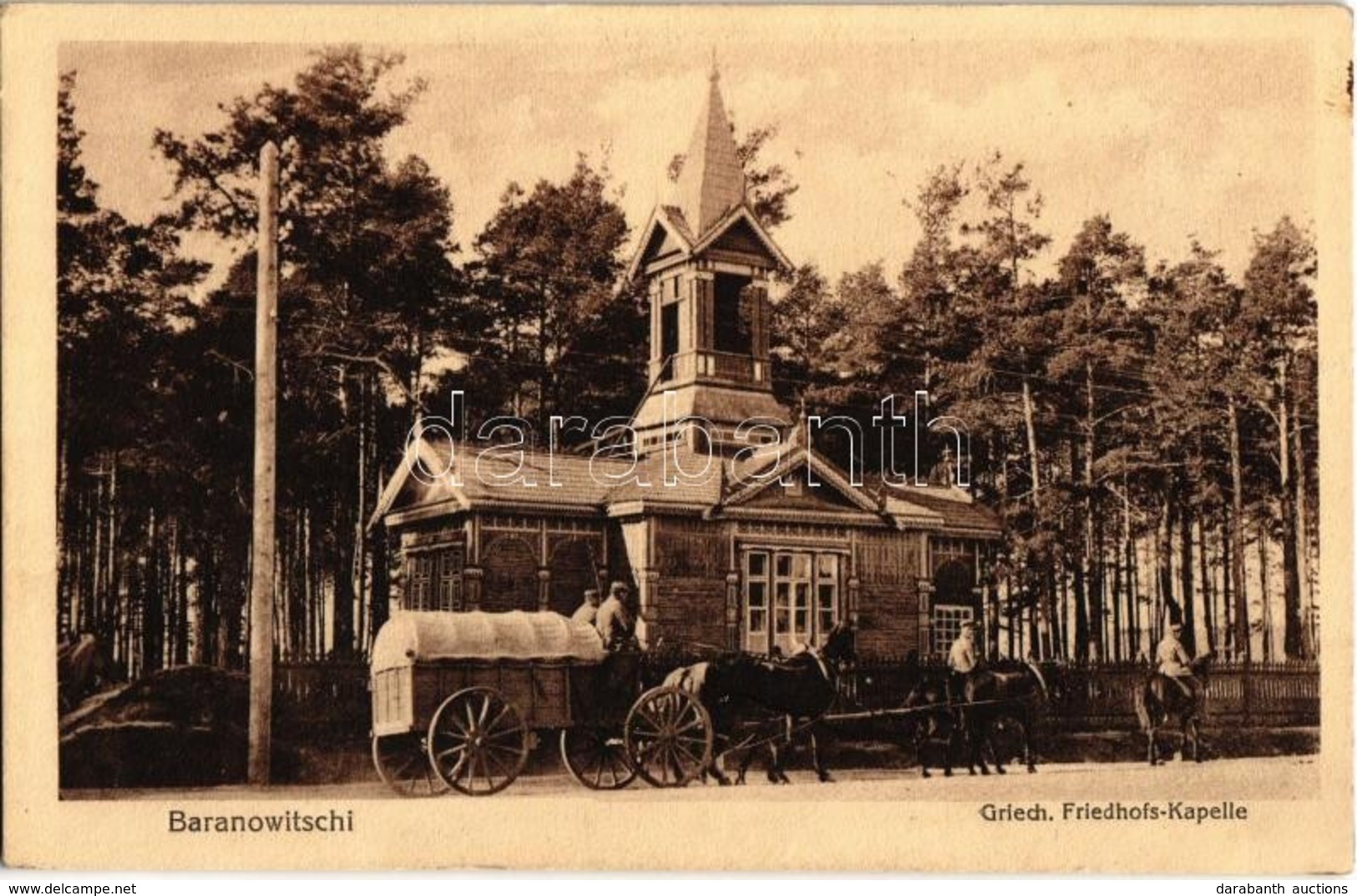 T2 1916 Baranavichy, Baranowitschi (Belarus); Griech. Friedhofs-Kapelle / Greek Cemetery Chapel, Horse Cart With Soldier - Ohne Zuordnung