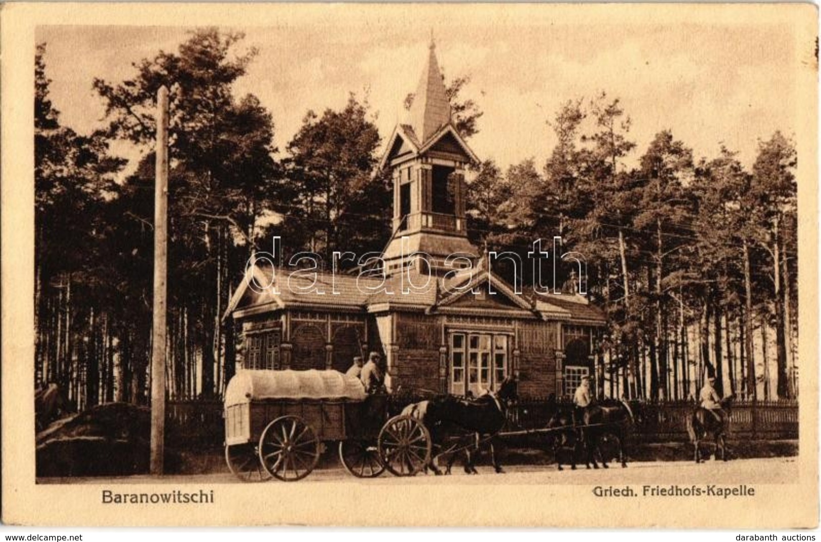 T2 1916 Baranavichy, Baranowitschi (Belarus); Griech. Friedhofs-Kapelle / Greek Cemetery Chapel, Horse Cart With Soldier - Non Classés