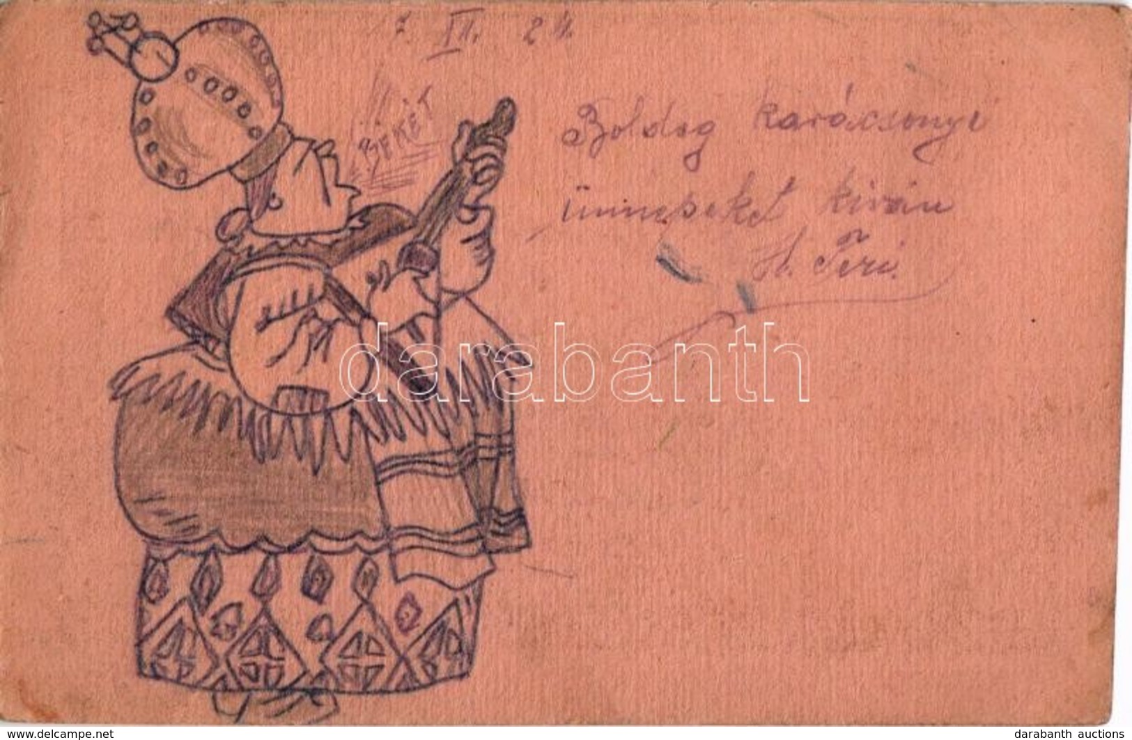 T2 1917 Boldog Karácsonyi Ünnepeket! Kézzel Rajzolt Tábori Levelezőlap, 'Békét' éneklő Orosz Barisnya / WWI K.u.k. Milit - Non Classés