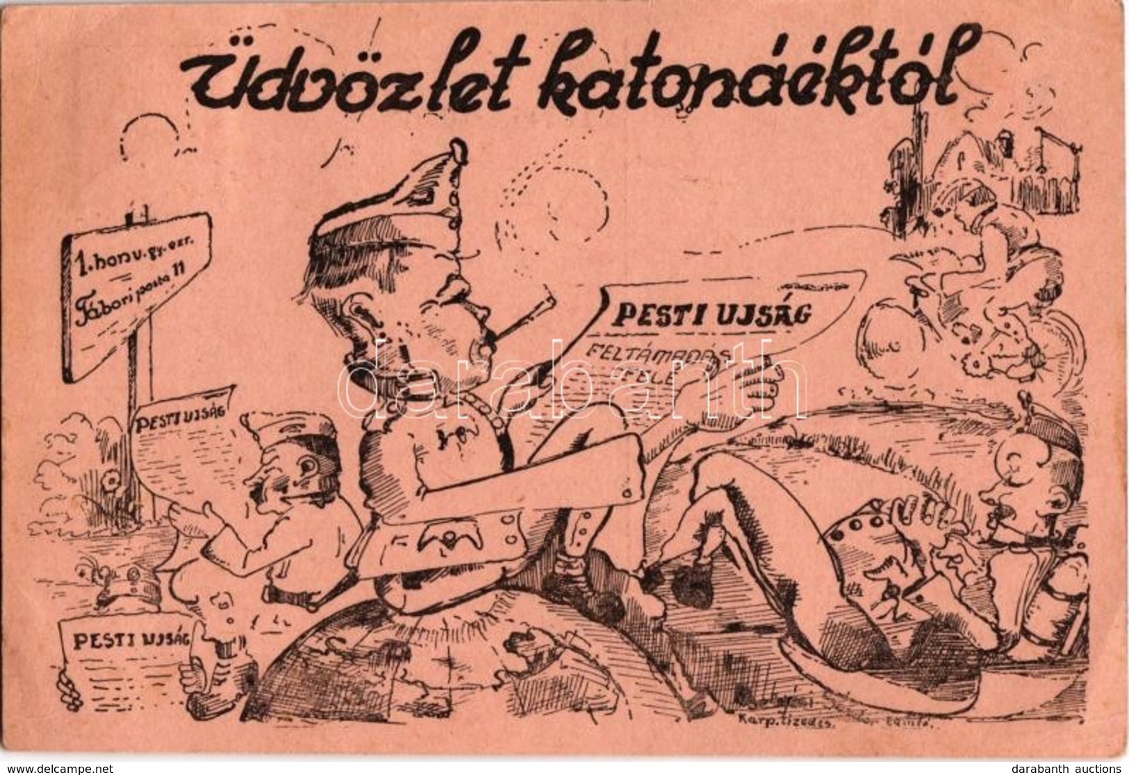 T2/T3 1940 Üdvözlet Katonáéktól! 1. Honvéd Gyalogezred Tábori Posta, Pesti Újságot Olvasó Katonák / WWII Hungarian Graph - Non Classés