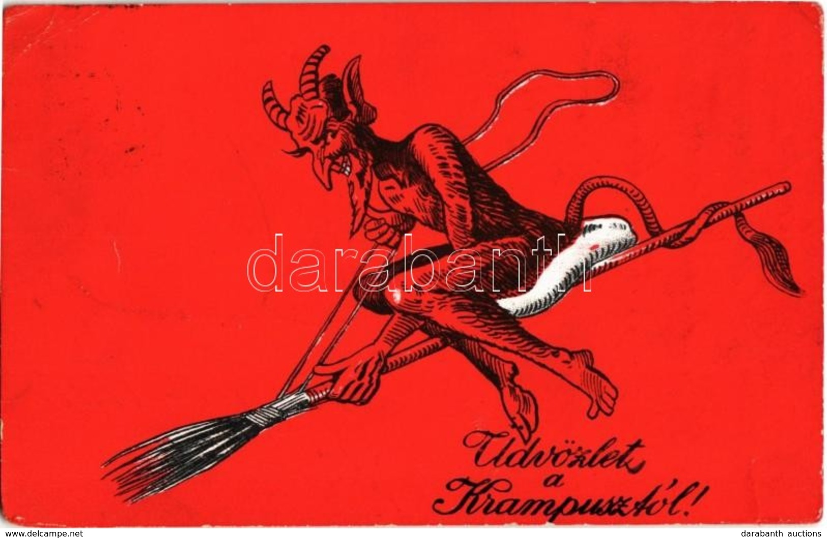T3 1933 Üdvözlet A Krampusztól! / Krampus Greeting Art Postcard With Krampus Flying On A Broomstick (szakadás / Tear) - Unclassified