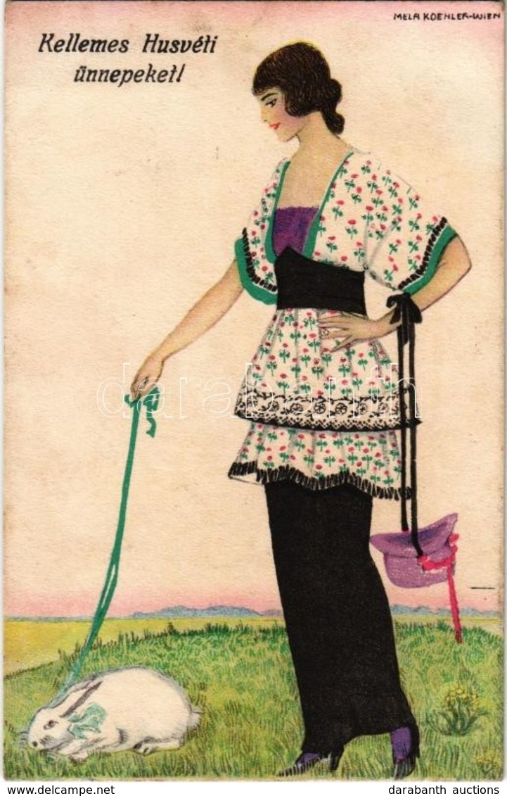 T2 Kellemes Húsvéti Ünnepeket! / Easter Greeting Art Postcard, Lady With Bunny. B.K.W.I. 4691-2. S: Mela Koehler - Non Classés