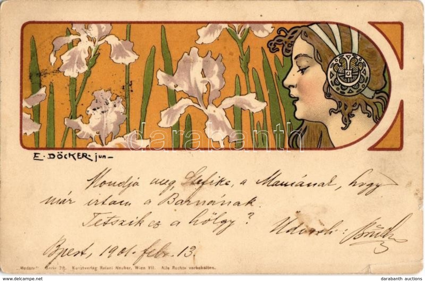 T2/T3 1901 Art Nouveau Lady. 'Modern' Serie 29. Kunstverlag Rafael Neuber Wien VII. Litho S: E. Döcker (tiny Tear) - Unclassified