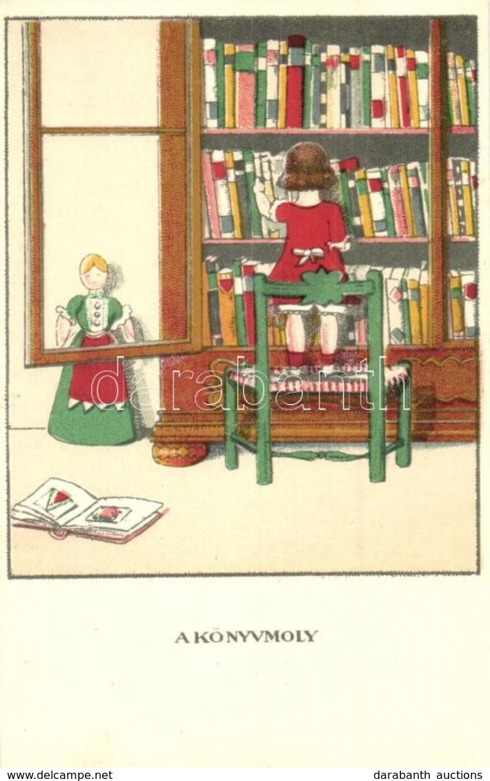 ** T1 A Könyvmoly. Egy Jó Kislány Viselt Dolgai II. Sorozat 4. Szám / Bookworm. Hungarian Art Postcard S: Kozma Lajos - Zonder Classificatie