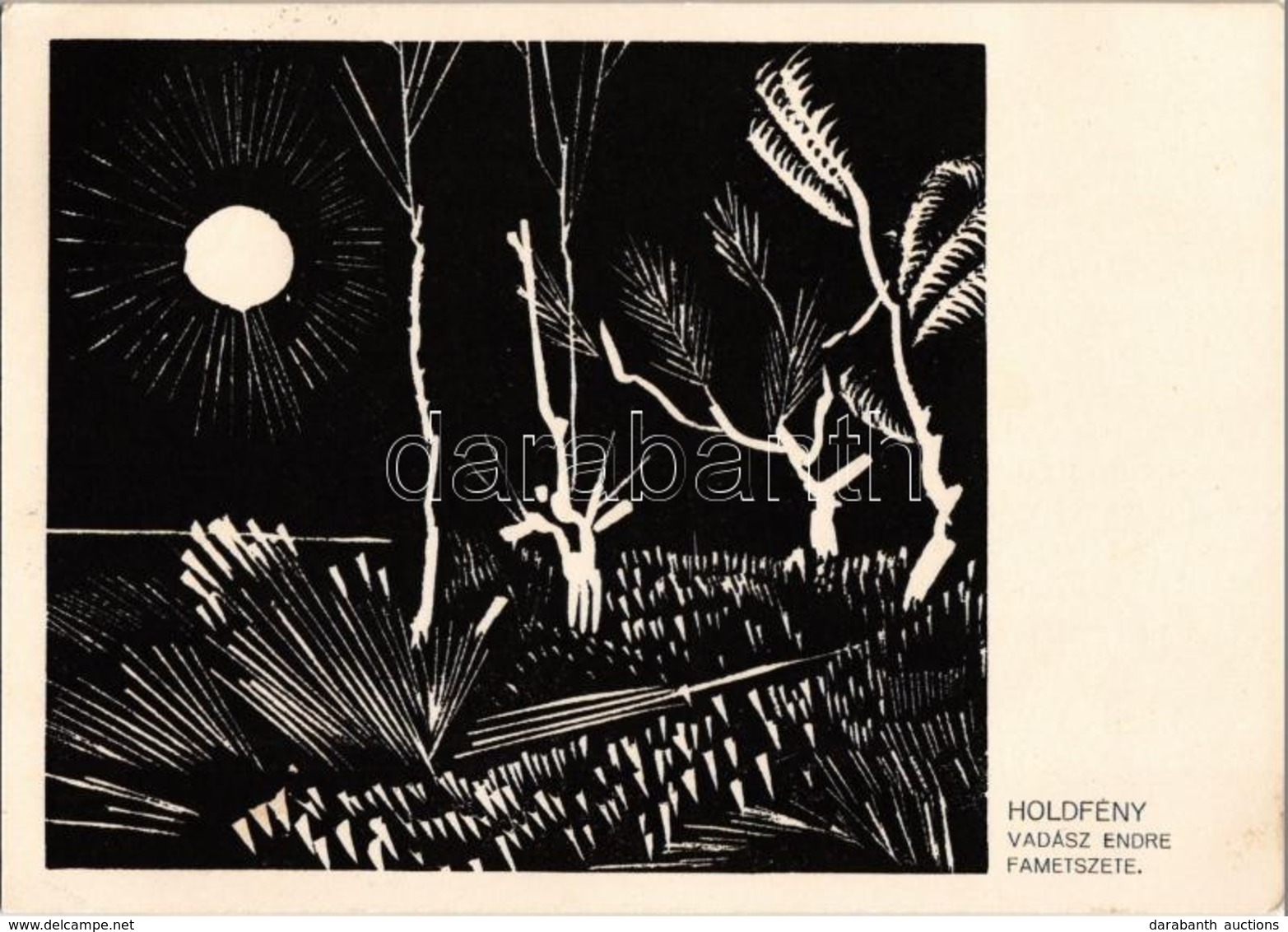 T2/T3 1935 Holdfény. Fametszet, Vadász Endre Levele és Aláírása A Hátoldalon / Moonlight. Wood Cut S: Vadász Endre (Rb) - Non Classés