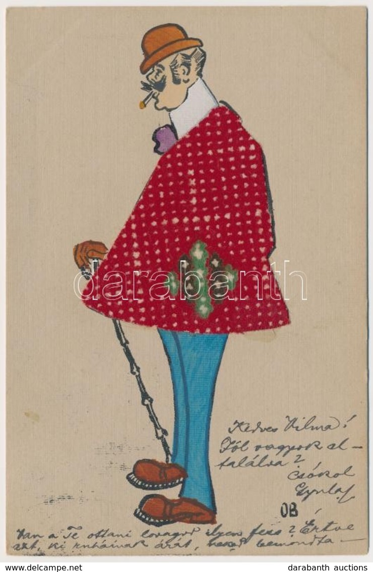 T2 1905 Kézzel Rajzolt Művészlap Ragasztott Kabáttal / Hungarian Hand-drawn Art Postcard With Glued Textile As The 'coat - Non Classés