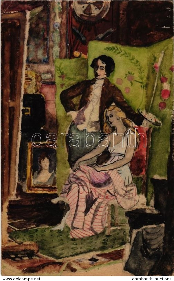 ** T2/T3 Artist And His Muse. Hand-painted Art Postcard. 1 1/2  Kr. Ga. (EK) - Non Classés