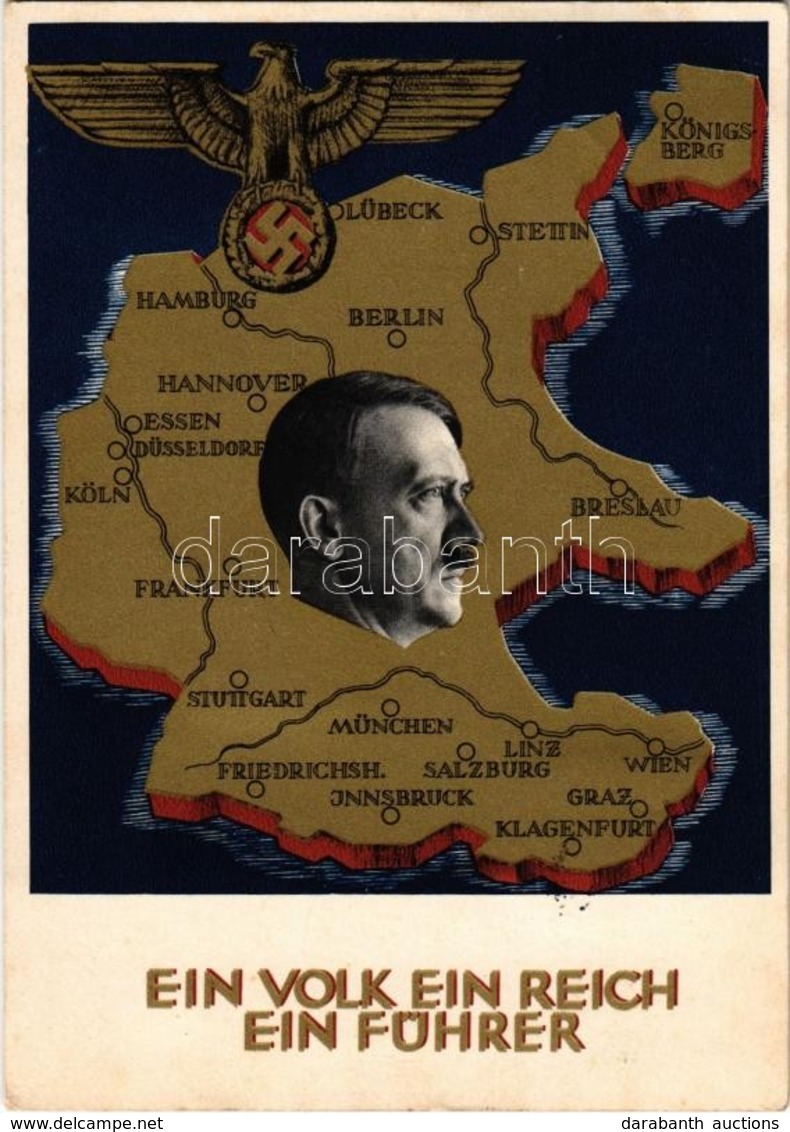 * T2/T3 1938 Ein Volk, Ein Reich, Ein Führer! / Adolf Hitler, NSDAP German Nazi Party Propaganda, Map, Swastika; 6 Ga. + - Unclassified