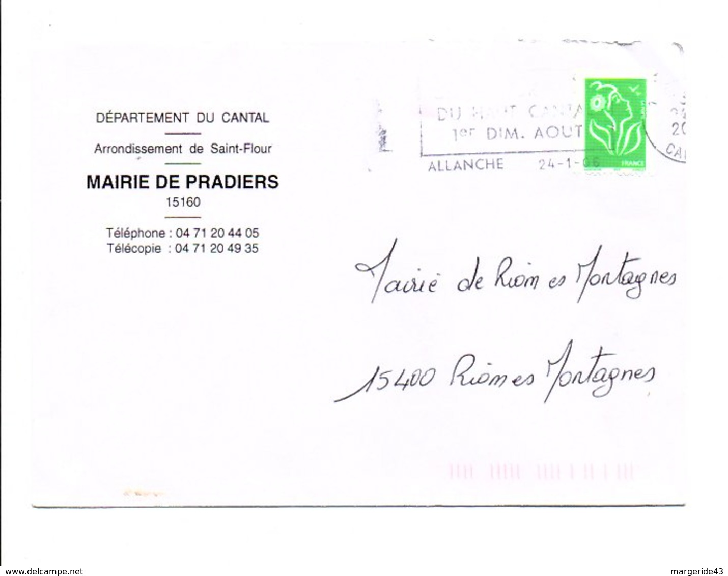 LETTRE DE MAIRIE DE PRADIERS CANTAL - 1961-....