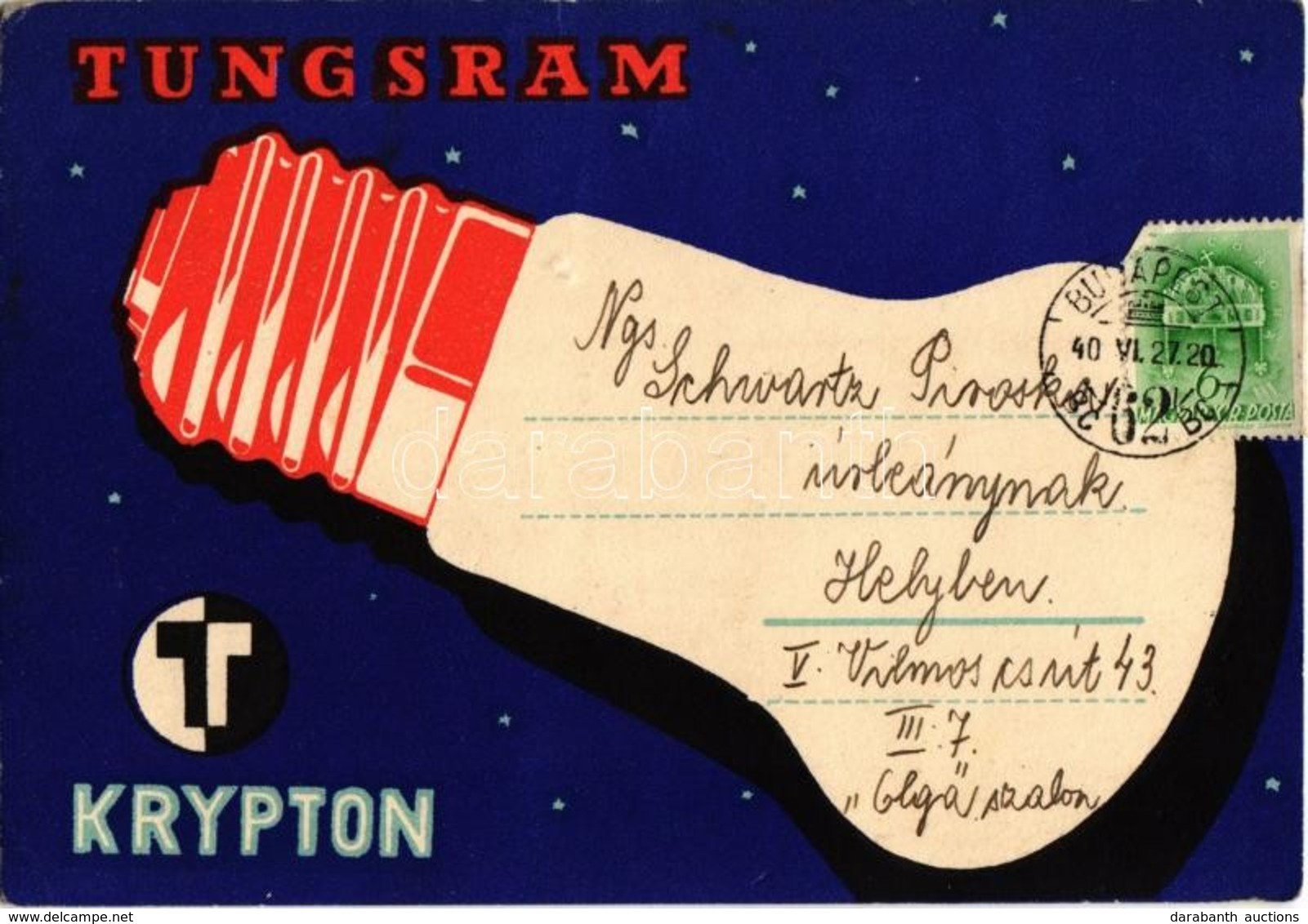 T2/T3 1940 Tungsram Krypton Izzó Reklámlapja / Hungarian Light Bulb Advertisement Postcard (EK) - Non Classés