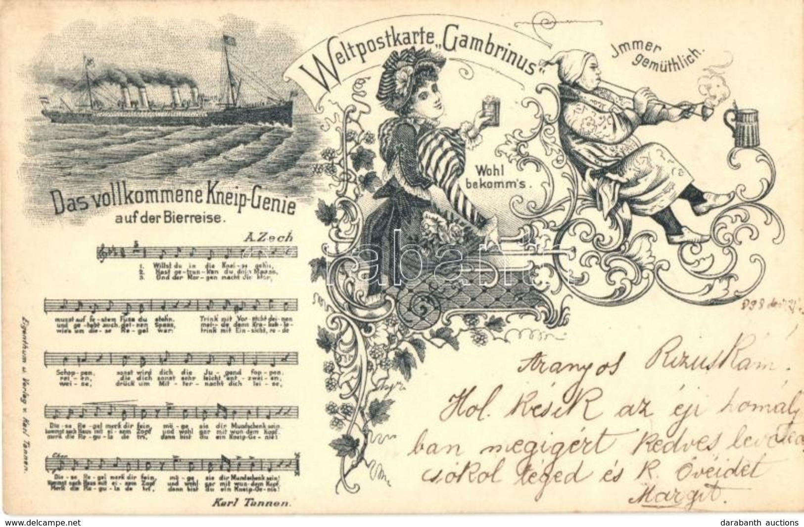 T2 1898 Das Vollkommene Kneip-Genie Auf Der Bierreise. Weltpostkarte Gambrinus. Karl Tannen / Beer Advertisement. Floral - Non Classés