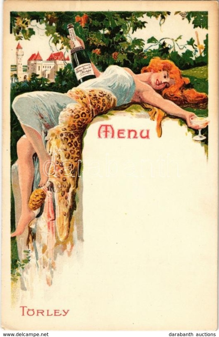 ** T1/T2 Törley Pezsgő, étlap. Kellner és Mohrlüder / Hungarian Champagne Advertisement With Menu, Litho Art Postcard - Non Classés