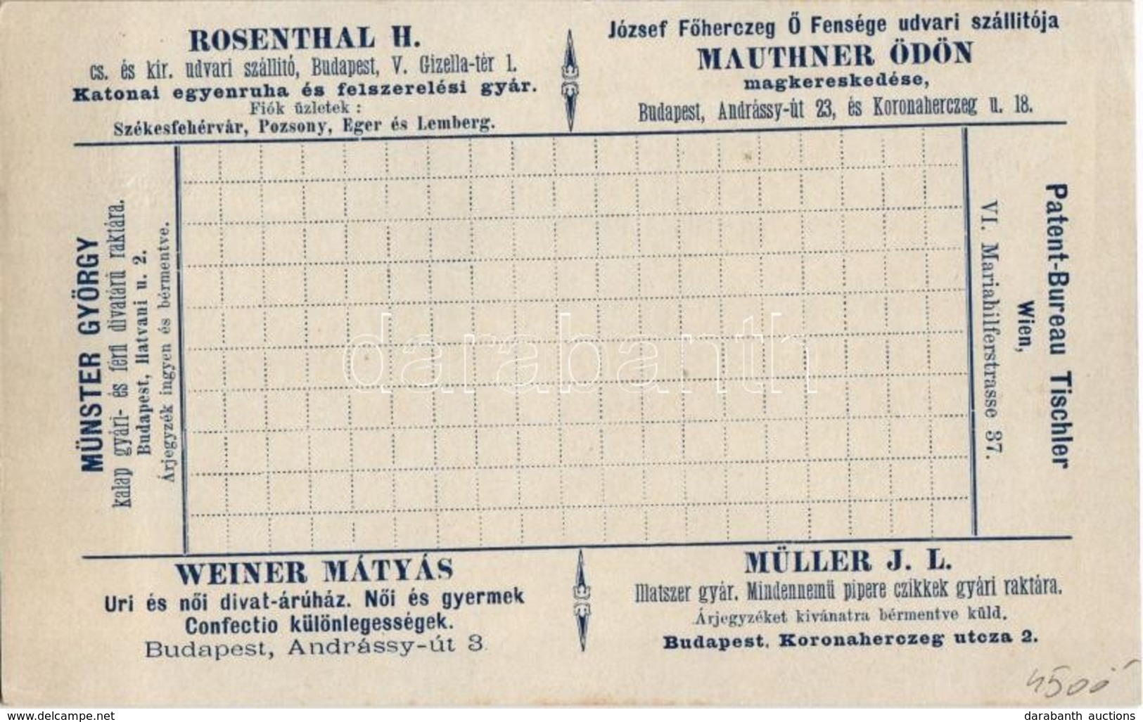 ** T2/T3 Hirdetményes Levelezőlap Rosenthal H. Katonai Egyenruha Gyár, Mauthner Ödön Magkereskedés, Weiner Mátyás Divatá - Non Classés