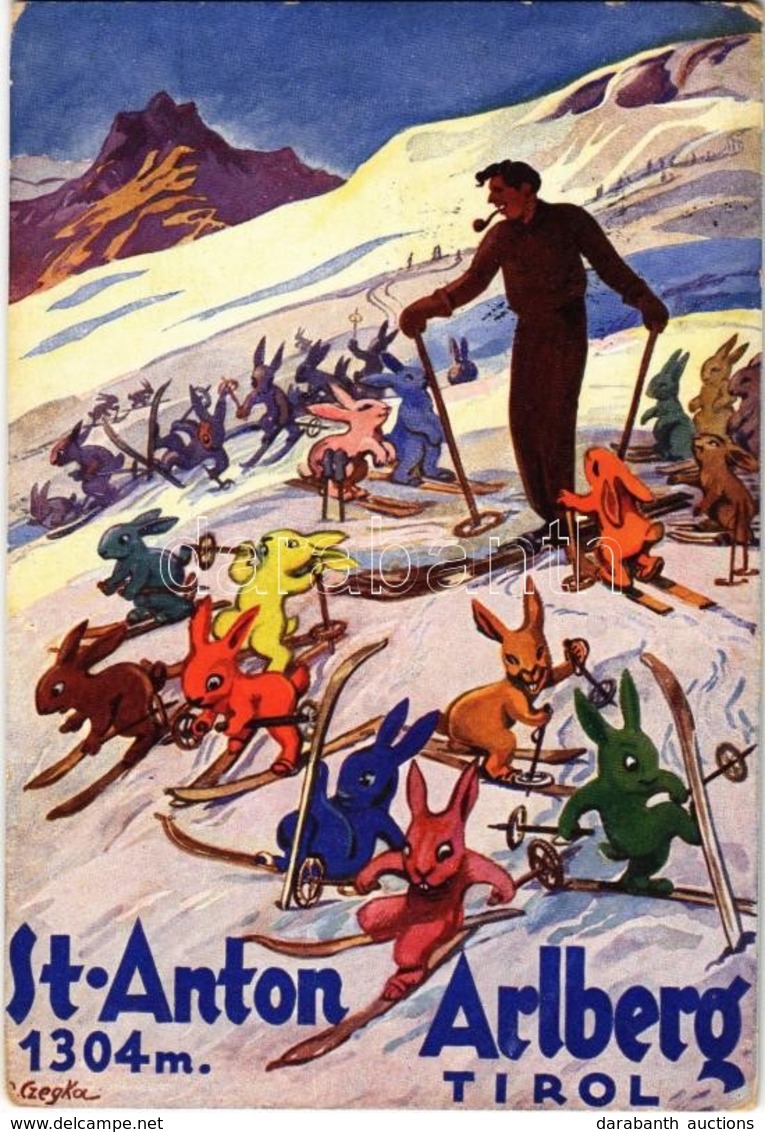 T2/T3 1937 St. Anton - Arlberg (Tirol) / Rabbits Skiing Art Postcard, Humour S: B. Czegka - Ohne Zuordnung