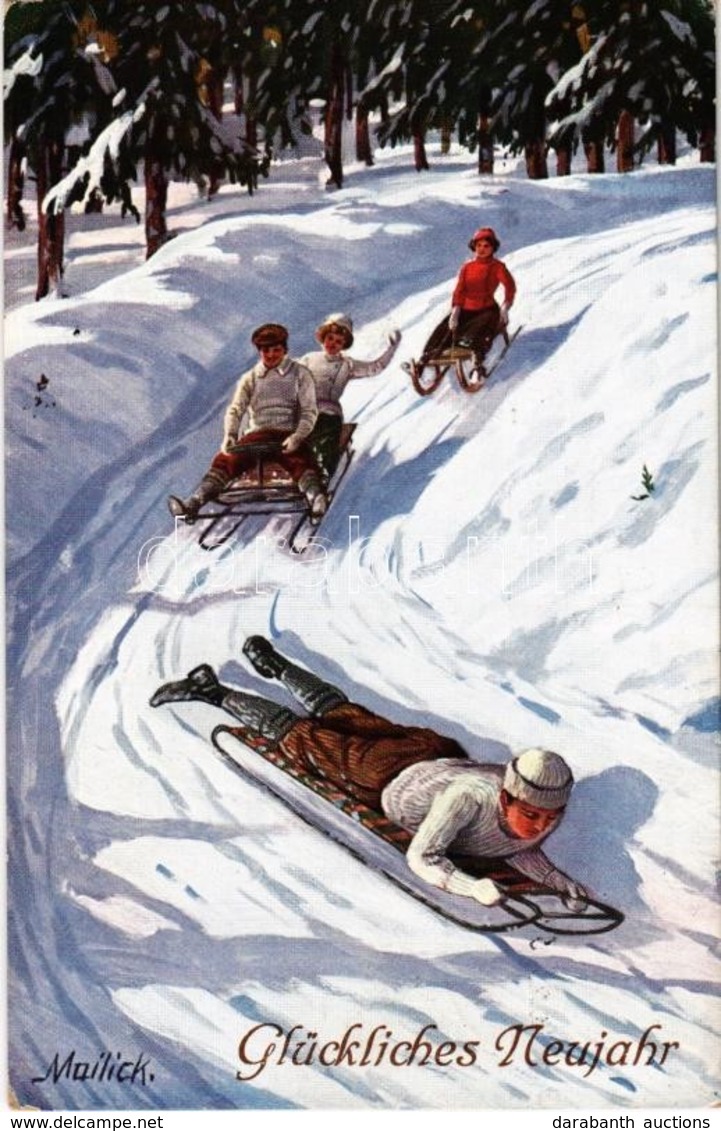 T2 1910 Glückliches Neujahr / New Year Greeting Art Postcard, Sledding People, Winter Sport. W.W. 6702. S: Mailick - Unclassified