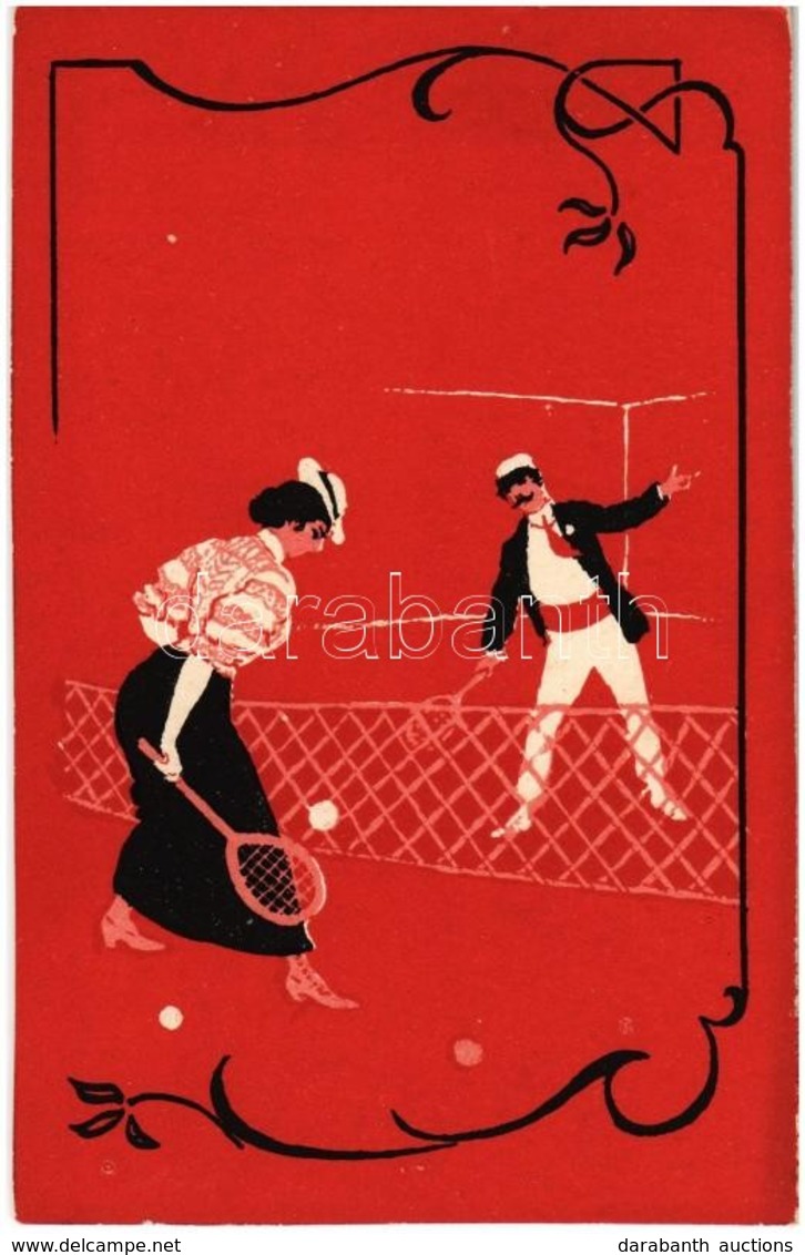 ** T4 Lawn Tennis. Tennis Playing Couple At The Tennis Court, Art Postcard (vágott / Cut) - Ohne Zuordnung