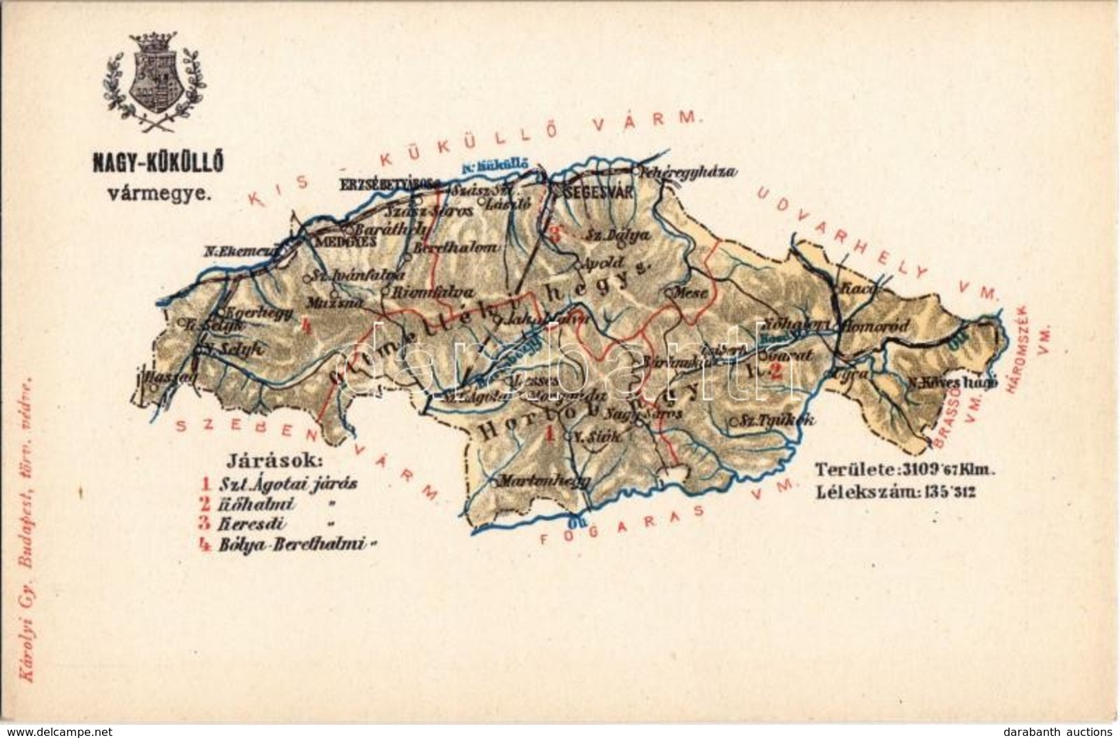 ** T1/T2 Nagy-Küküllő Vármegye. Kiadja Károlyi Gy. /  Comitatul Tarnava-Mare / Nagy-Küküllő County Map - Non Classés