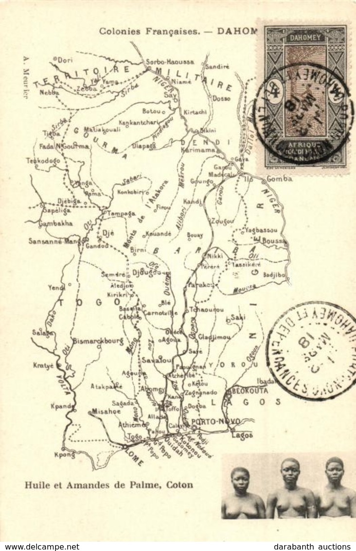 * T2/T3 Colonies Francaises - Dahomey. Huile Et Amandes De Palme, Coton / Map Of Benin With Half-naked Indigenous Women, - Non Classés
