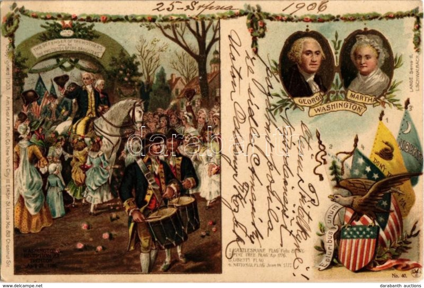 T2 1906 George Washington And His Wife Martha. Kattlesnake, Pine Tree, Liberty And National Flags. Langer Serie II. Lsch - Non Classés