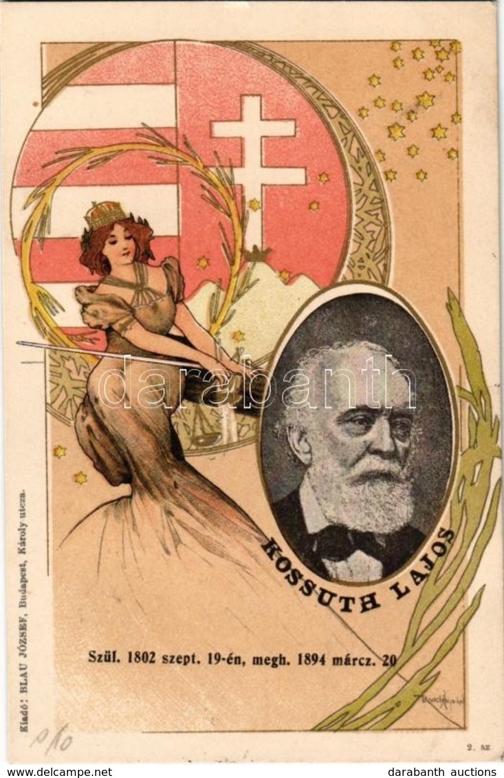 T2 1802-1894 Kossuth Lajos Szecessziós Litho Gyászlapja. Blau József Kiadása / Obituary Card Of Lajos Kossuth. Art Nouve - Unclassified