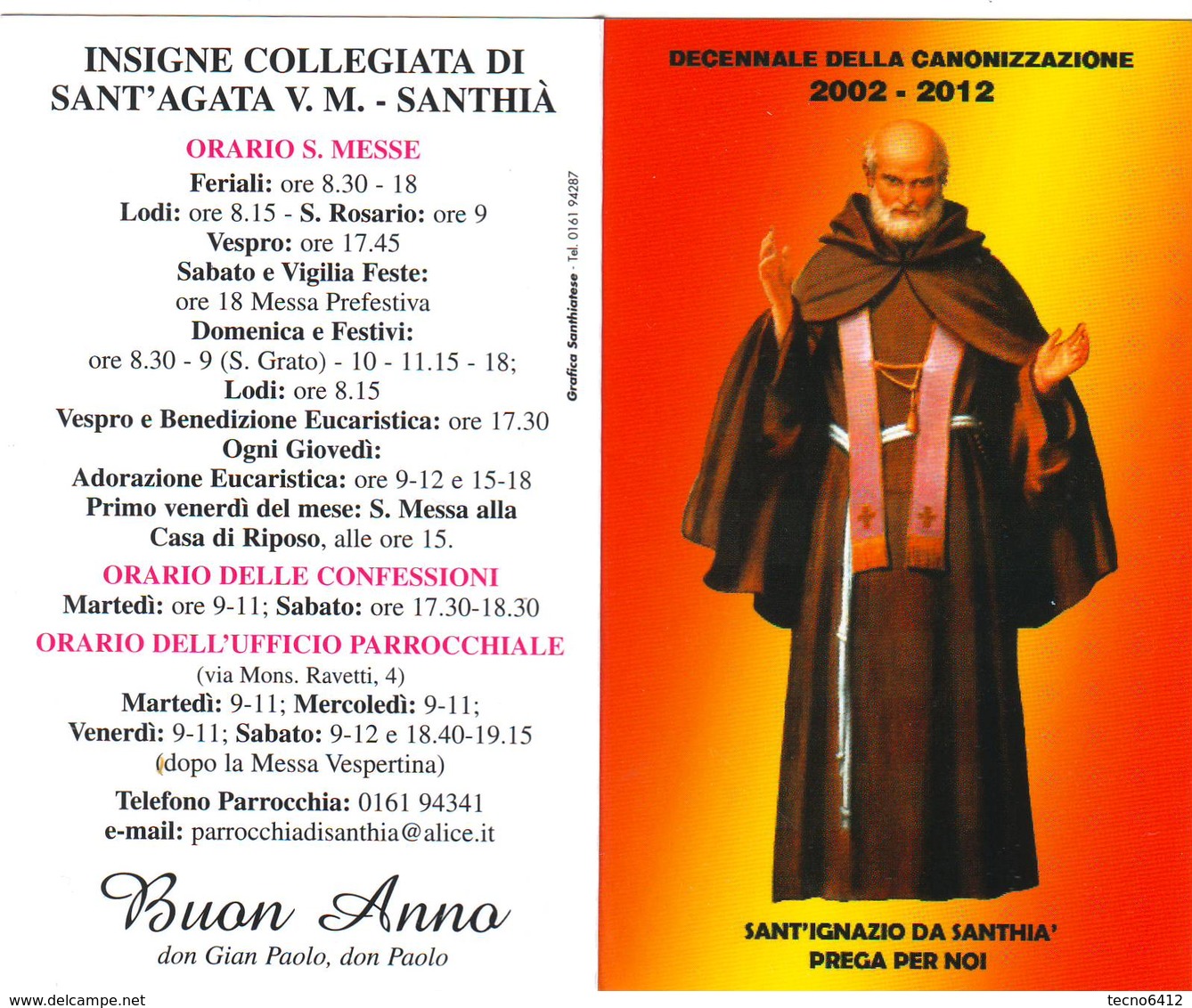 Calendarietto Tascabile Plastificato Sant'ignazio Da Santhia' 2012 - Formato Piccolo : 2001-...