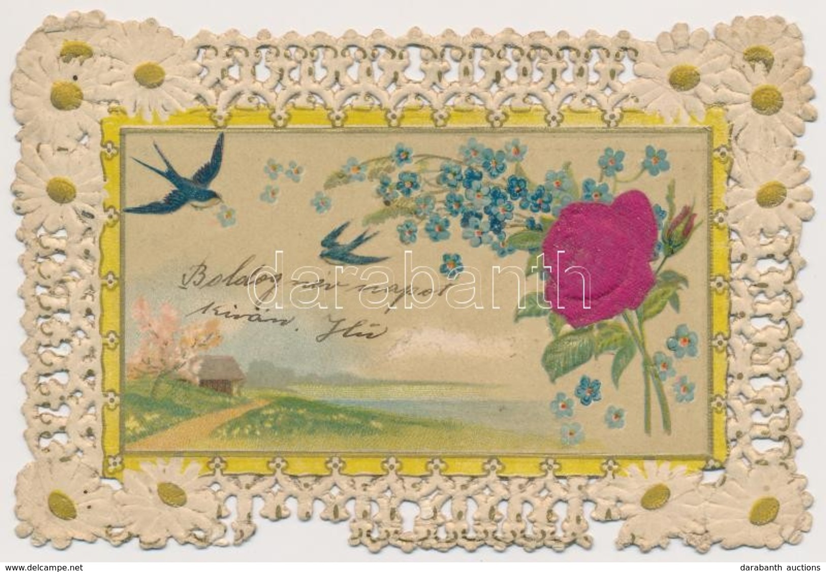 T2/T3 1907 Csipke Díszítéses Dombornyomott Virágos Litho üdvözlőlap / Embossed Litho Greeting Art Postcard With Lace Dec - Non Classés