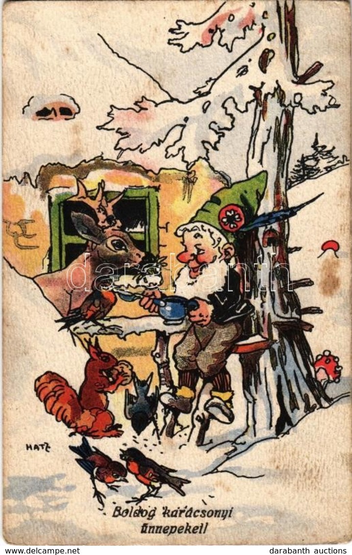 ** T2/T3 Boldog Karácsonyi Ünnepeket! / Christmas Greeting Art Postcard With Dwarf. B.K.W.I. 3098-3. S: Hatz (fl) - Unclassified