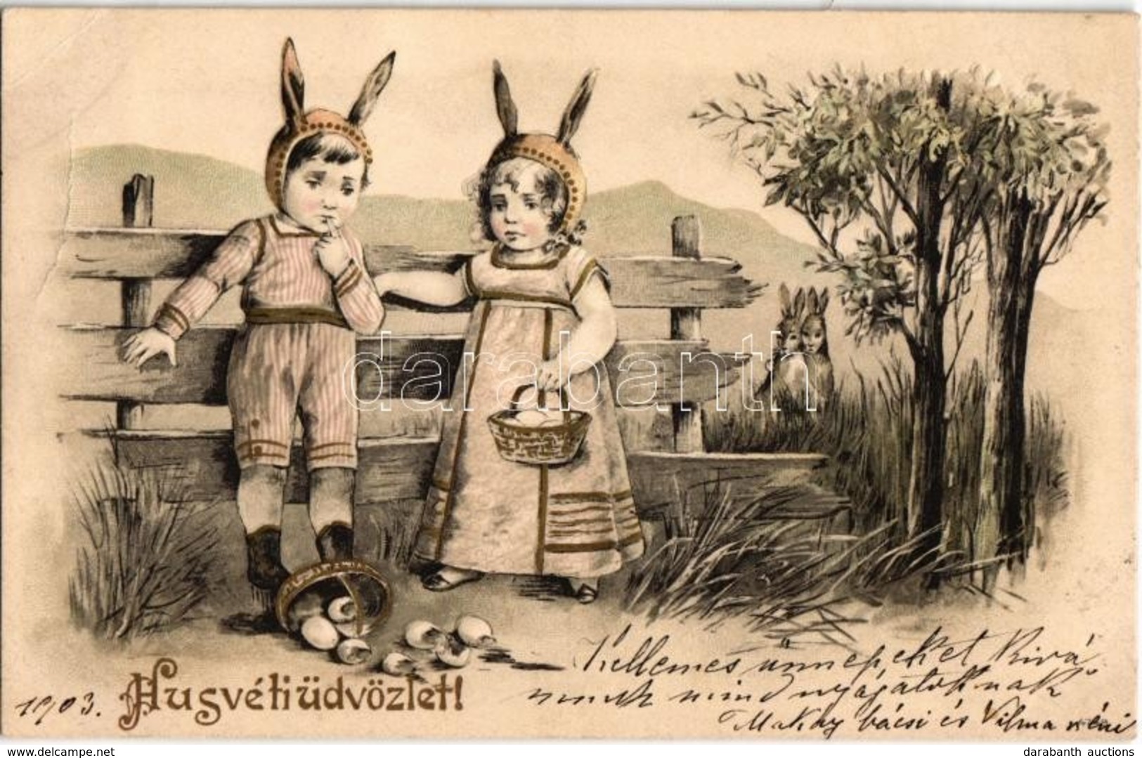 T2 1903 Húsvéti Üdvözlet / Easter Greeting Art Postcard With Children Dressed In Rabbit Costume. Emb. Litho - Unclassified